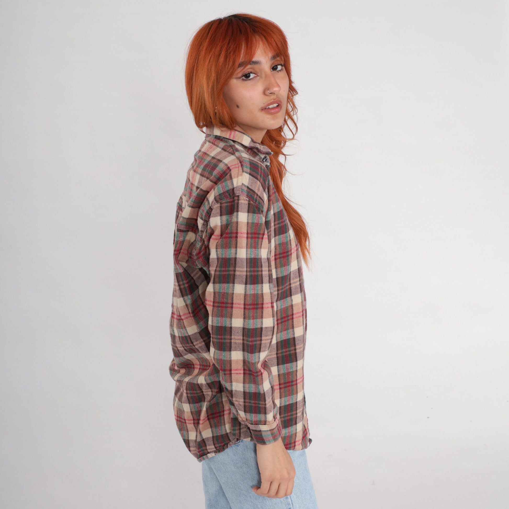 90s Brown Plaid Button-Up Shirt Long Sleeve Checkered Flannel Large L