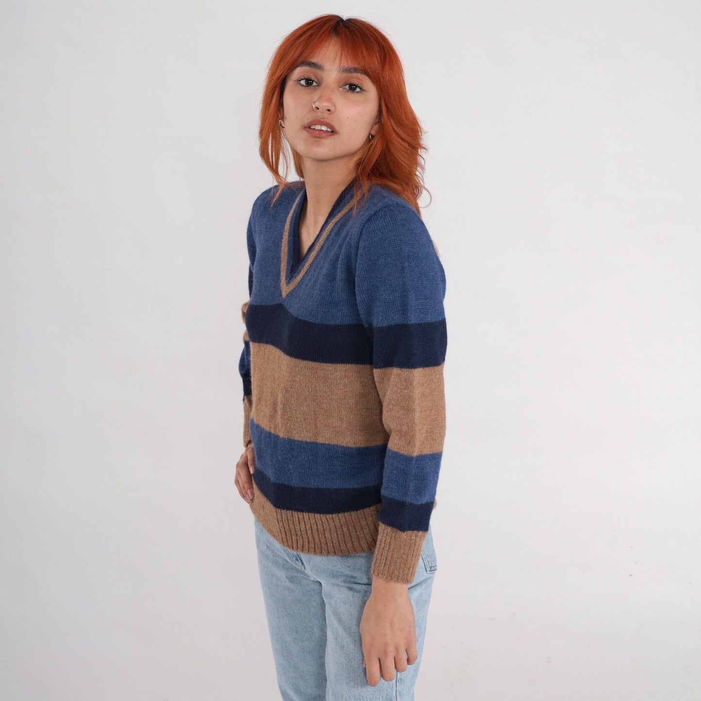 90s Alpaca Wool V-Neck Sweater Tan Blue Striped Pullover Small S