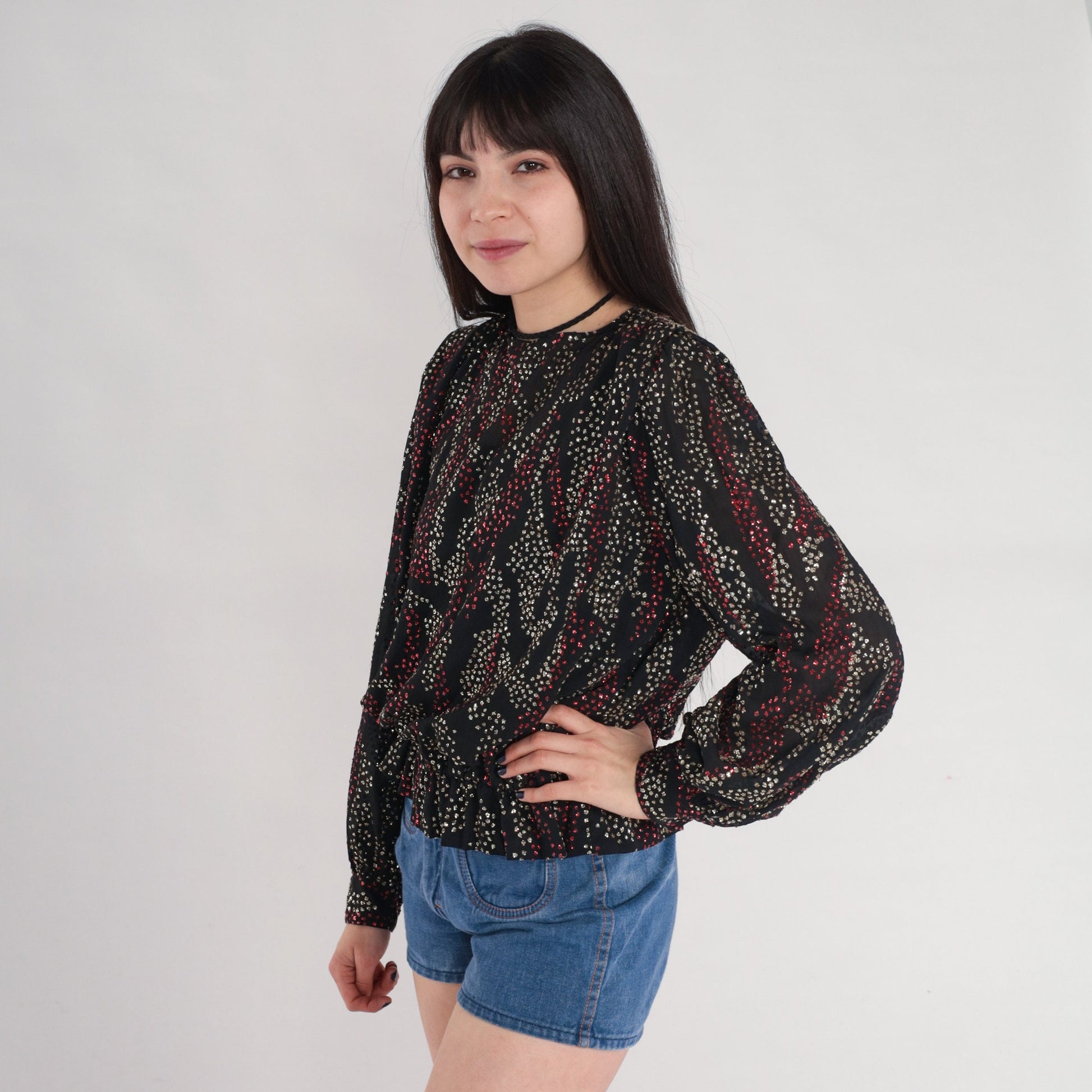 80s Metallic Blouse Black Silver Red Abstract Puff Sleeve Small