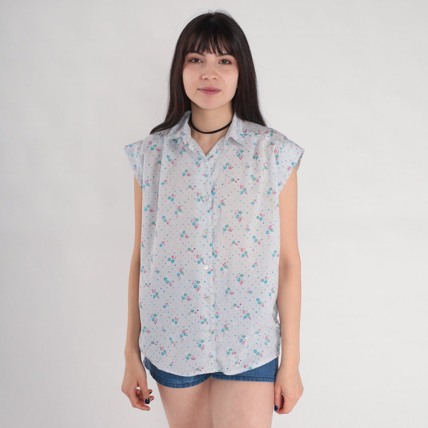 80s Floral Polka Dot Button-Up Blouse Blue Cap Sleeve Shirt Large L