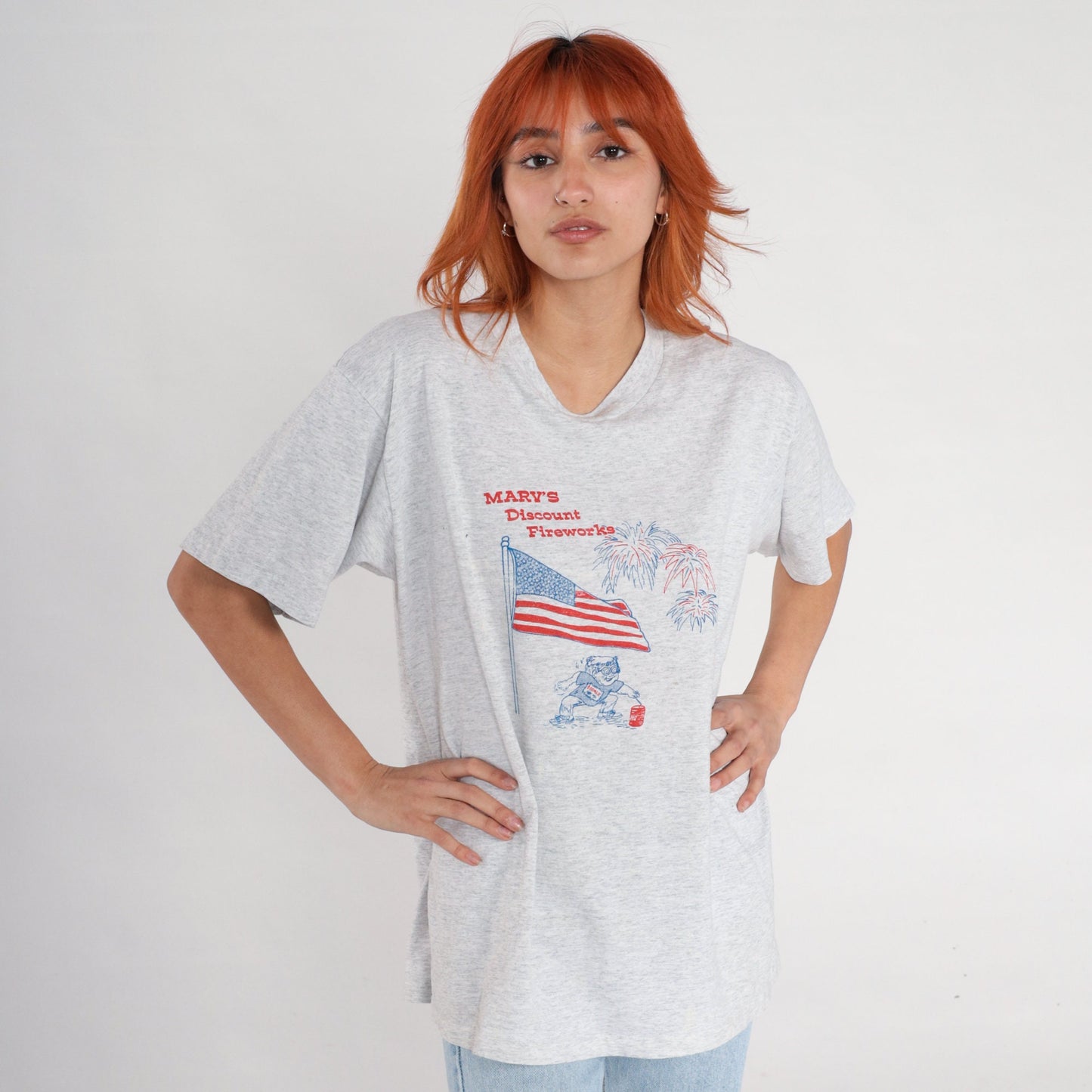 90s Marv's Discount Fireworks American Flag Graphic T-Shirt Grey Large