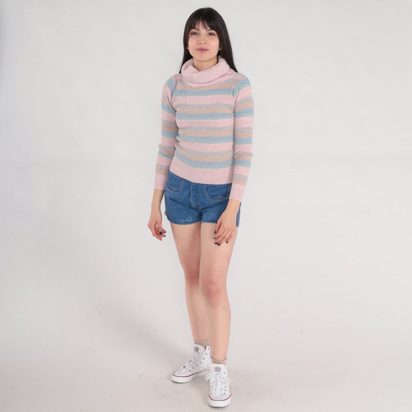 80s Sparkly Striped Ribbed Knit Turtleneck Sweater Pastel Pink Blue Orange Small