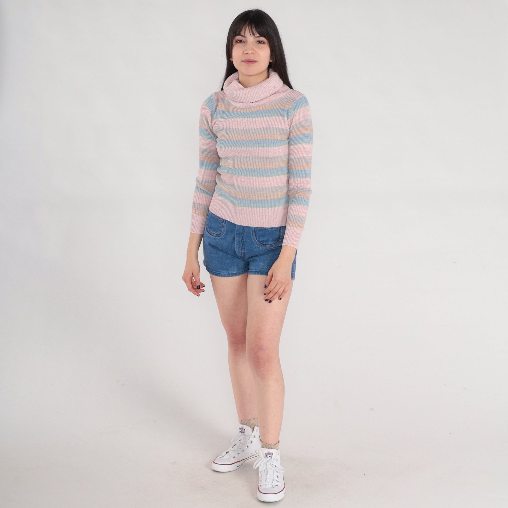 80s Sparkly Striped Ribbed Knit Turtleneck Sweater Pastel Pink Blue Orange Small