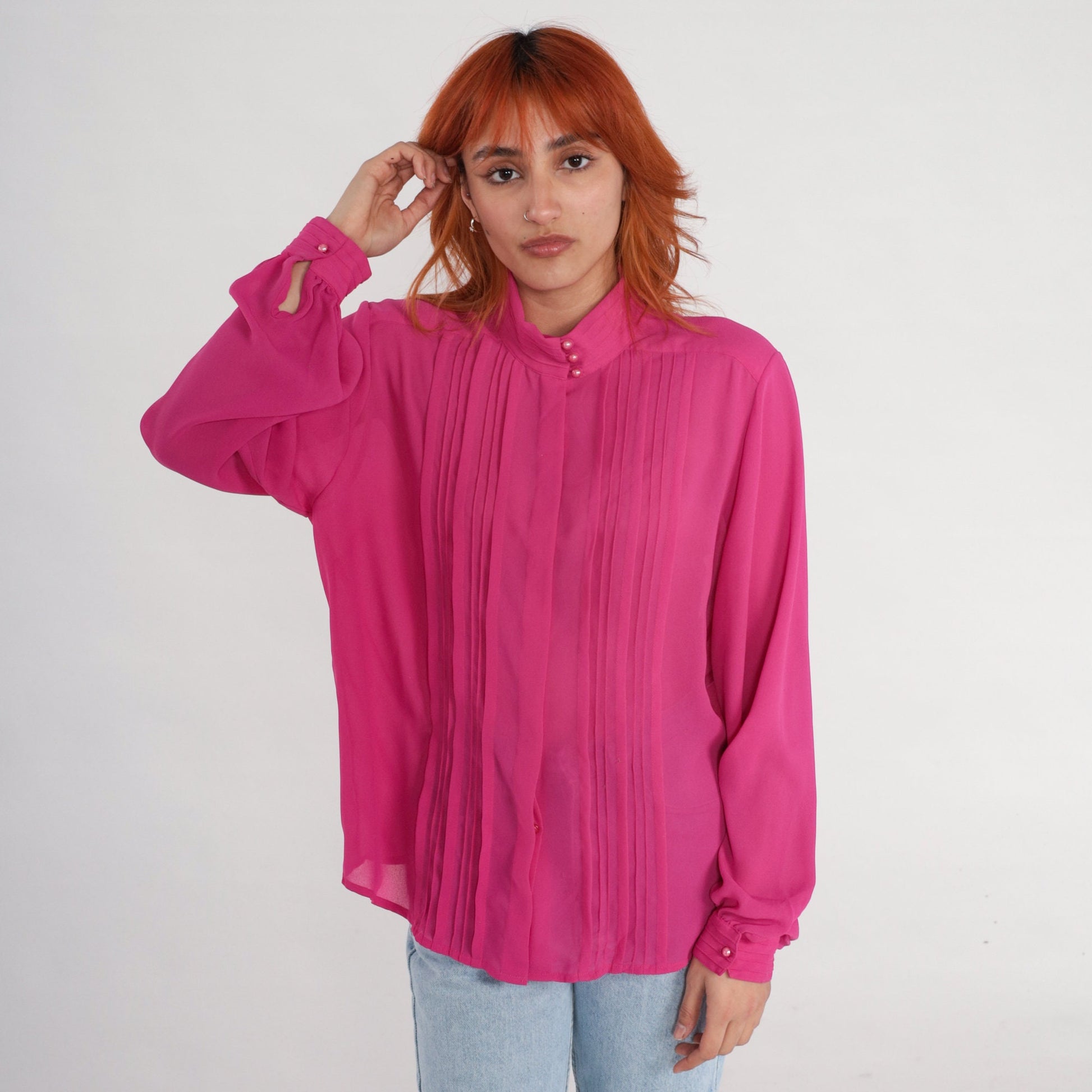 80s Fuchsia Chiffon Blouse Long Sleeve Pleated Button Up Medium Large