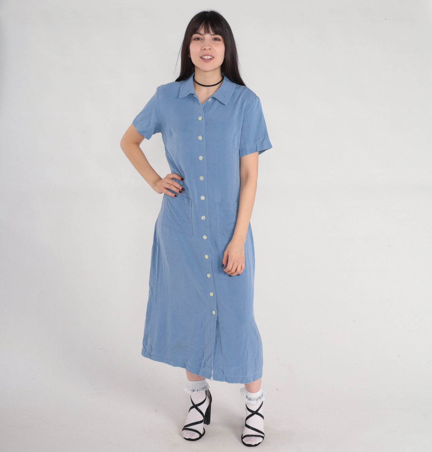 Y2K Talbots Blue Tencel Midi Shirt Dress Button-Up Pockets Medium 8