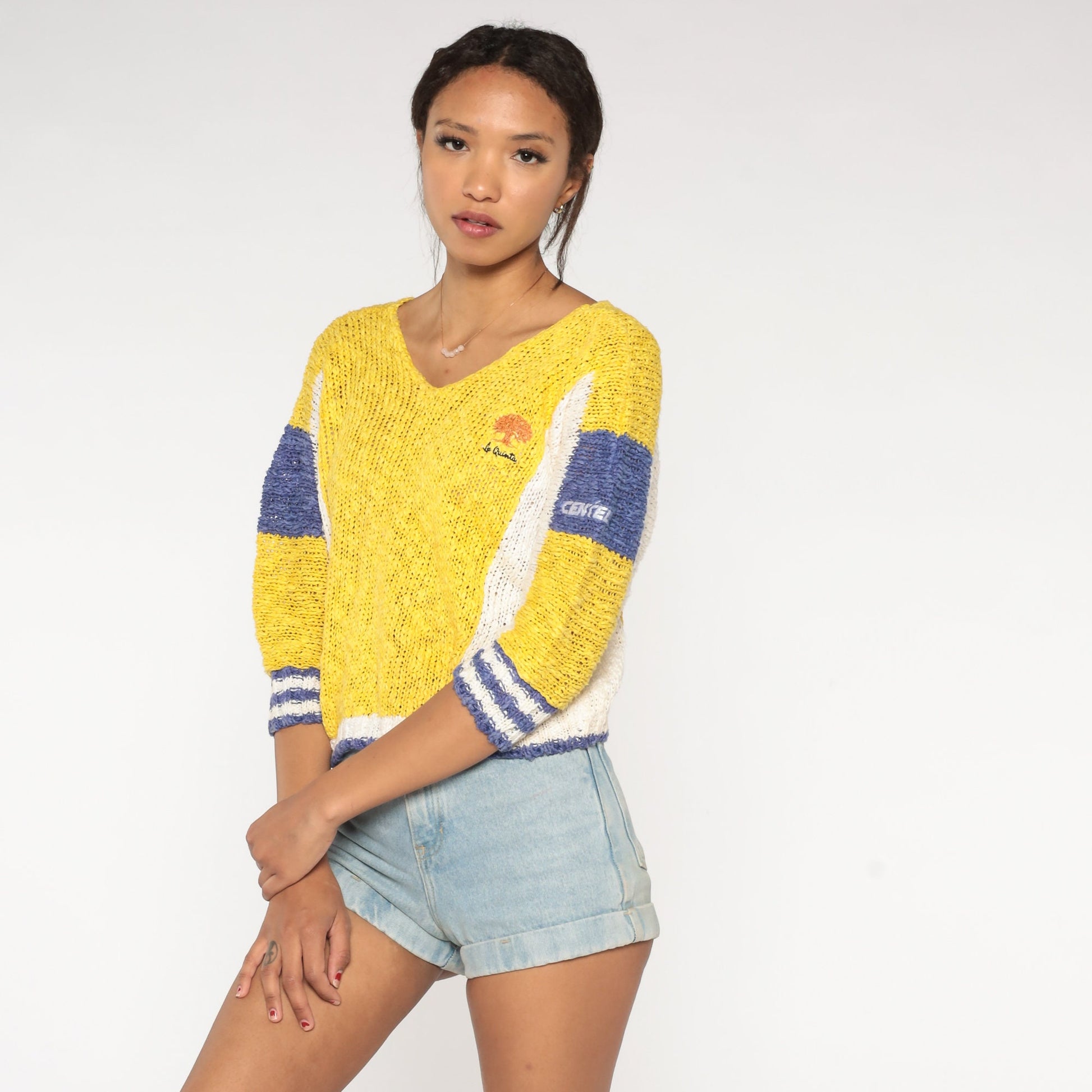 80s La Quinta Color Block Sweater Yellow Purple Cropped Knit Medium
