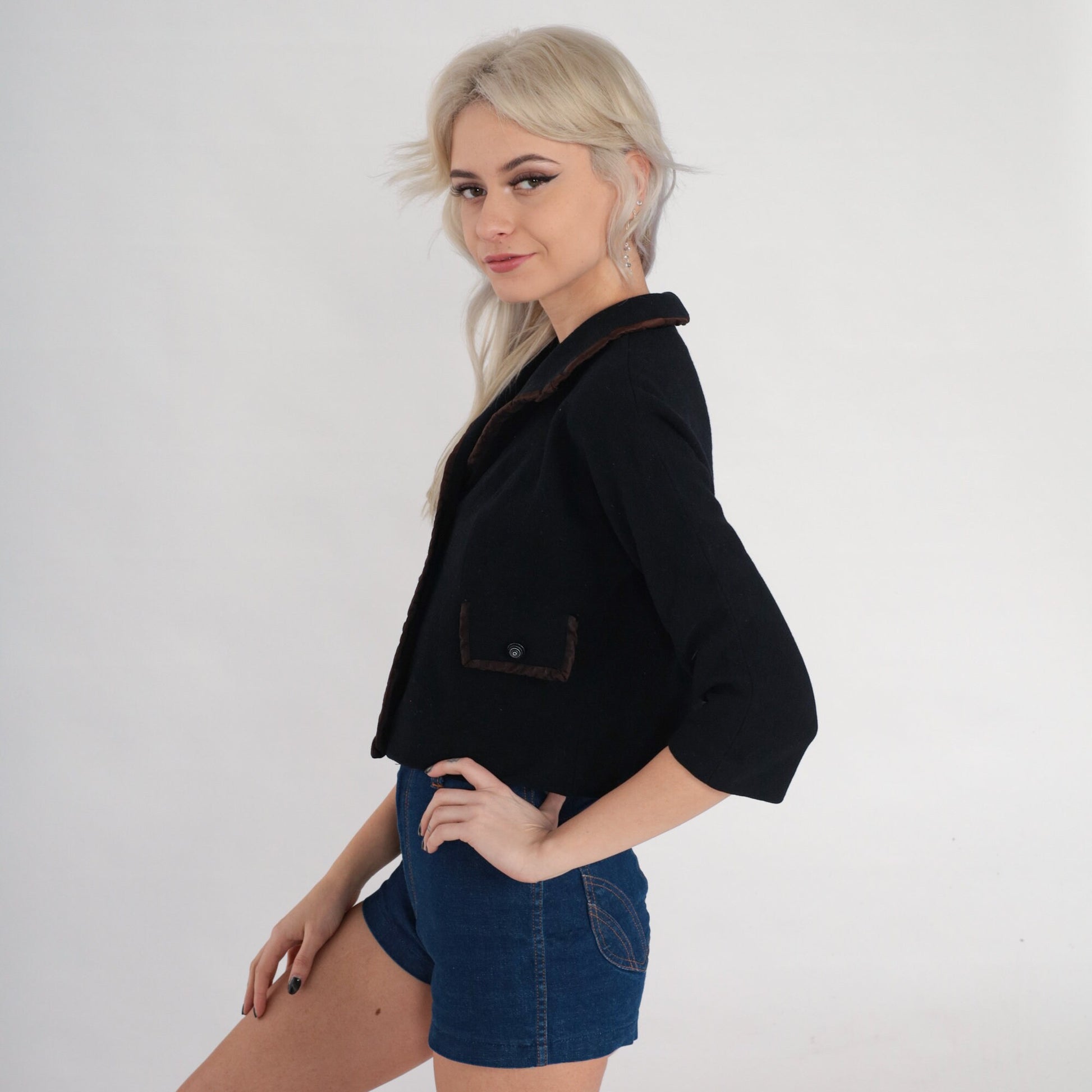 60s R & K Knits Black Wool Blend Blazer Brown Trim Cropped 3/4 Sleeve Extra Small