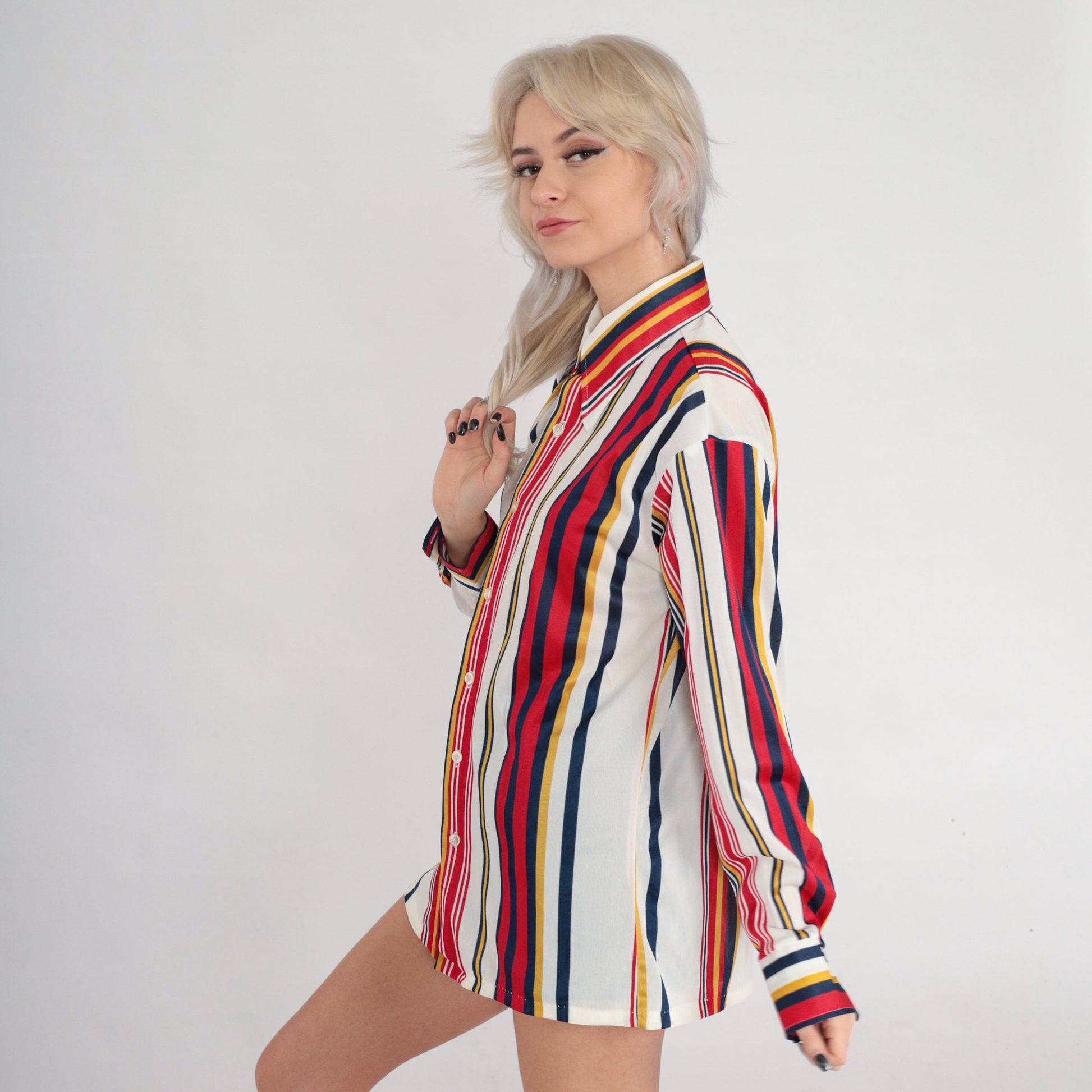 70s Striped Dagger Collar Button-Up Shirt White Red Yellow Blue Medium