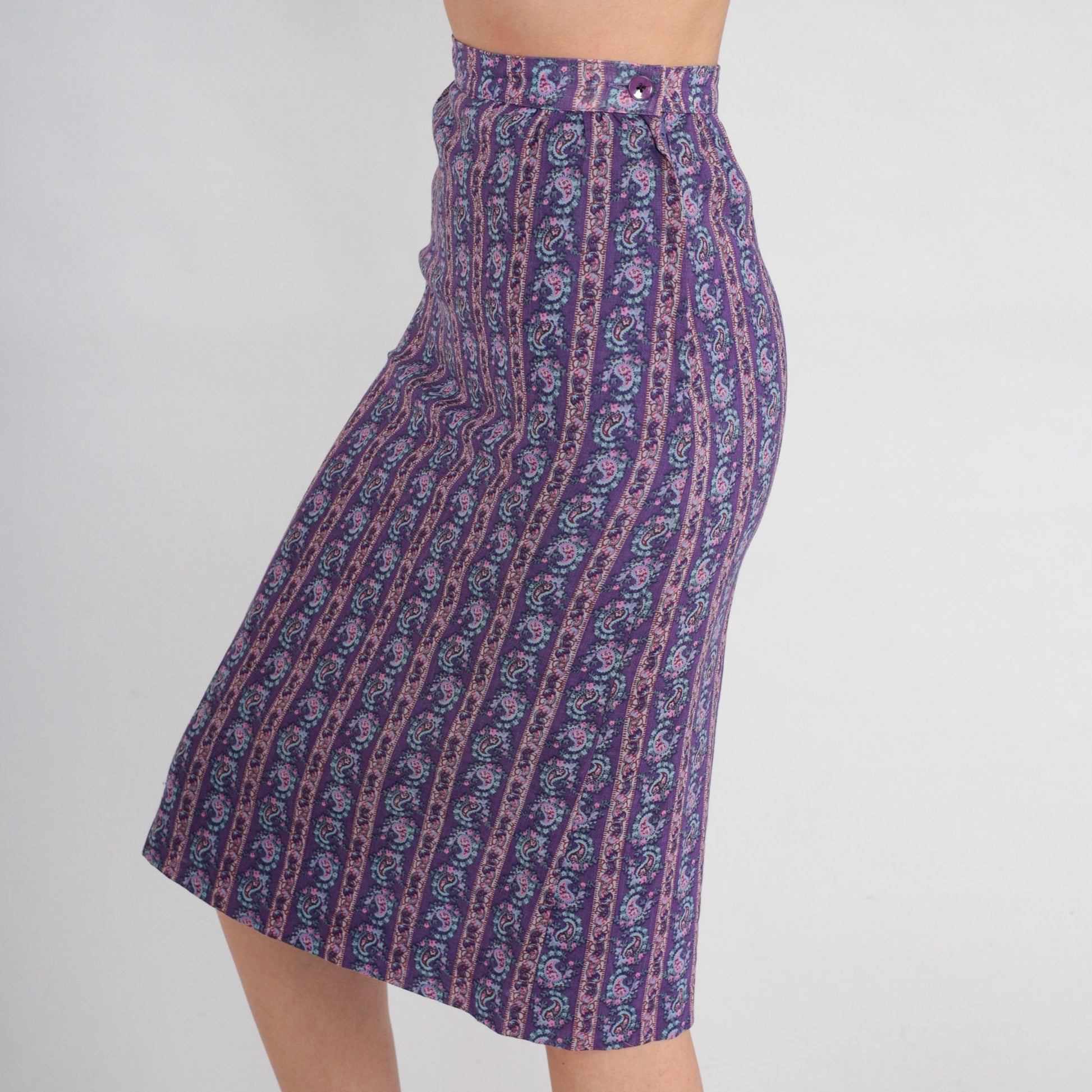 60s Purple Paisley Midi Skirt High Waisted Striped Floral Print Extra Small XS