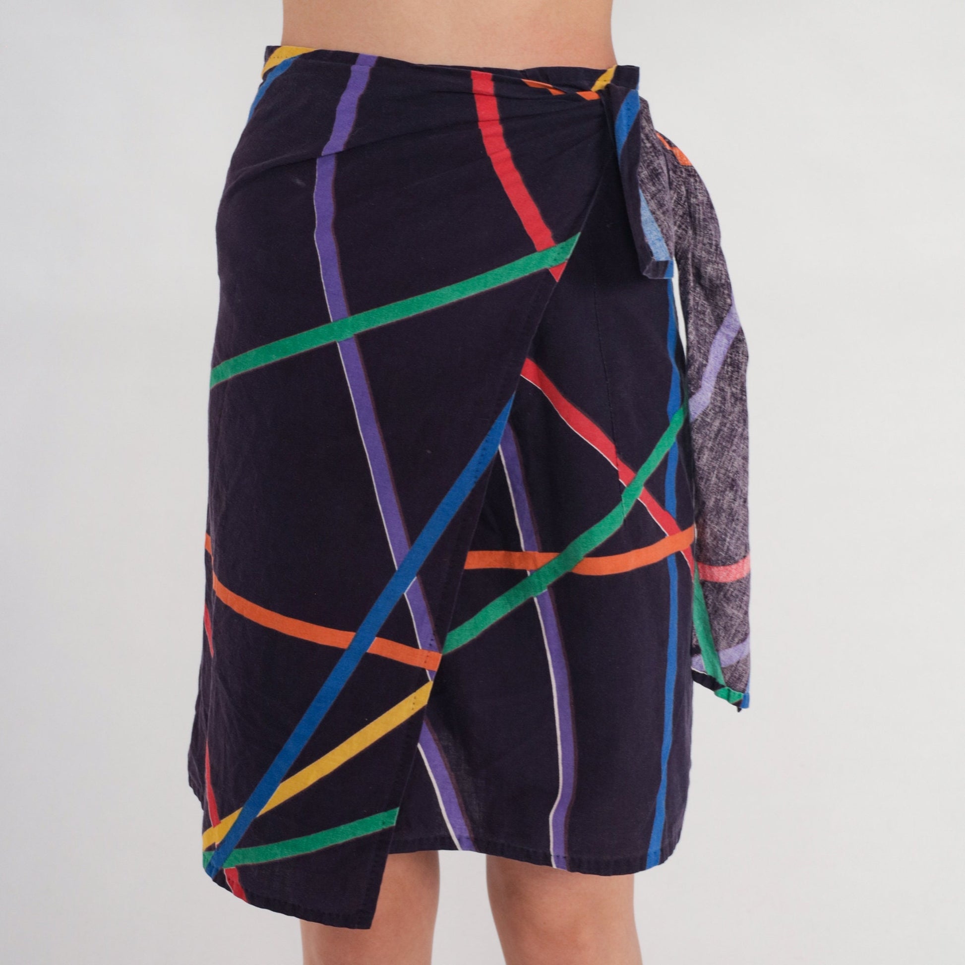 80s Navy Striped Abstract Mini Wrap Skirt Multicolor Small S