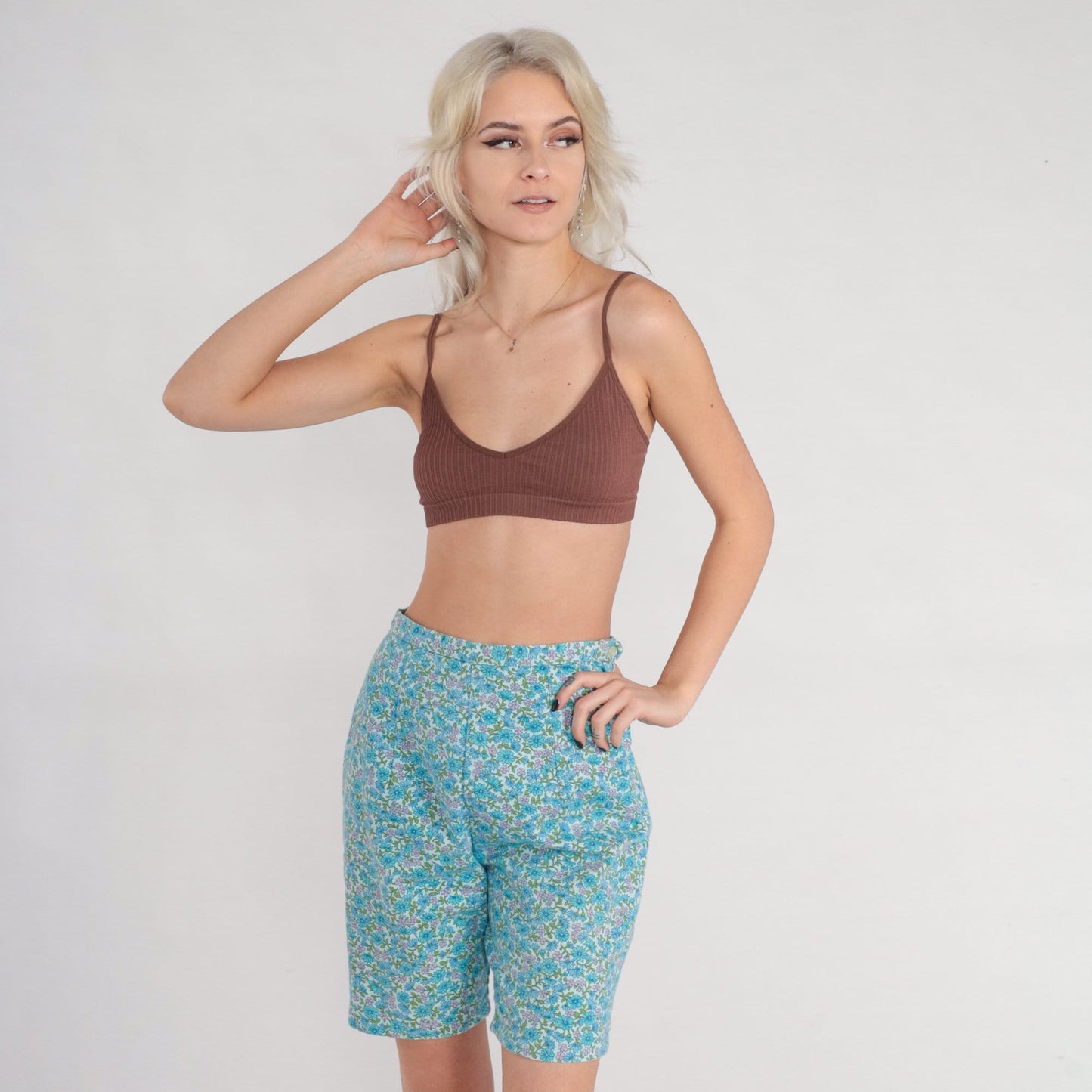 70s Blue Floral High-Waisted Shorts Cotton Flower Print Small S
