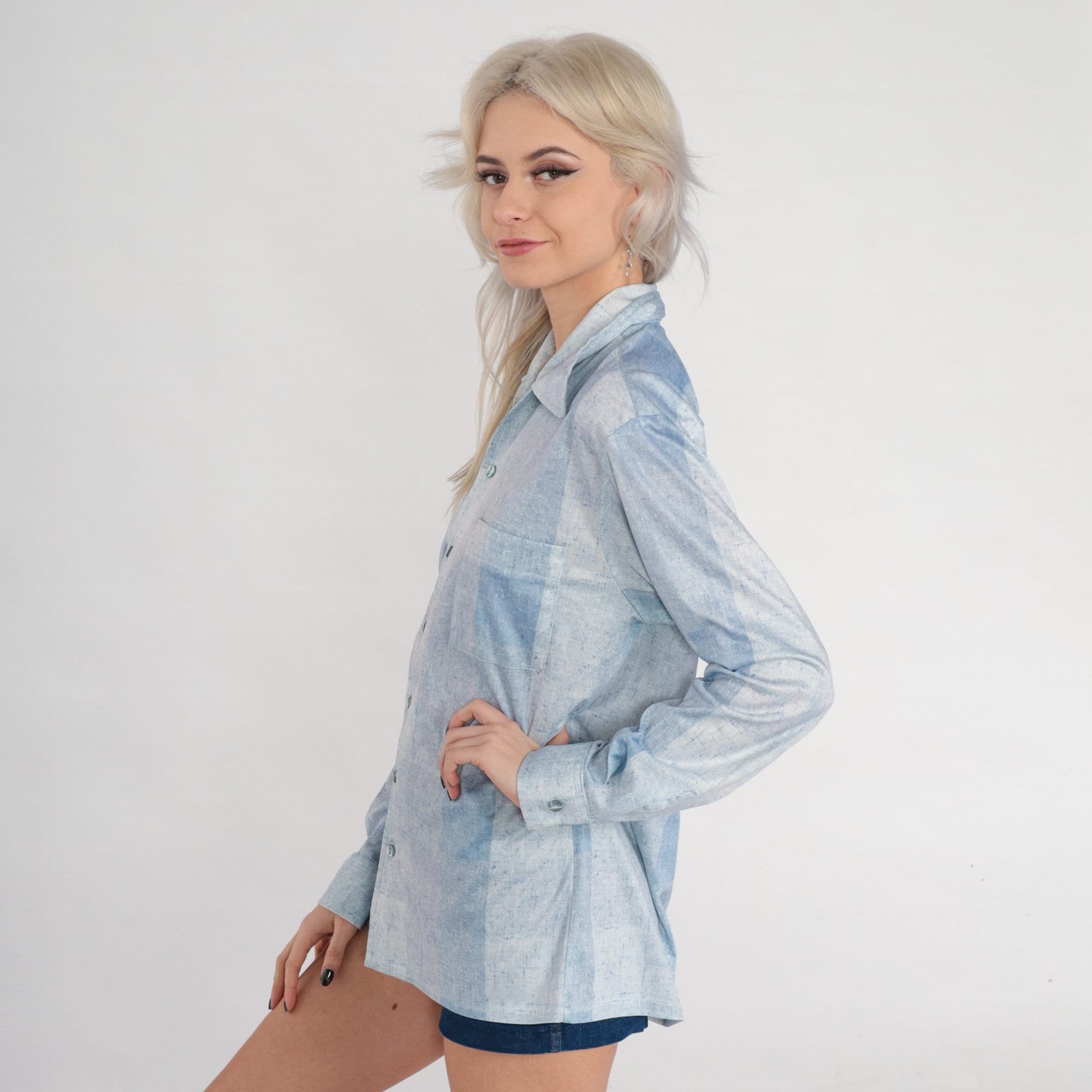 70s Joel Light Blue Checkered Button-Up Shirt Long Sleeve Collared Medium