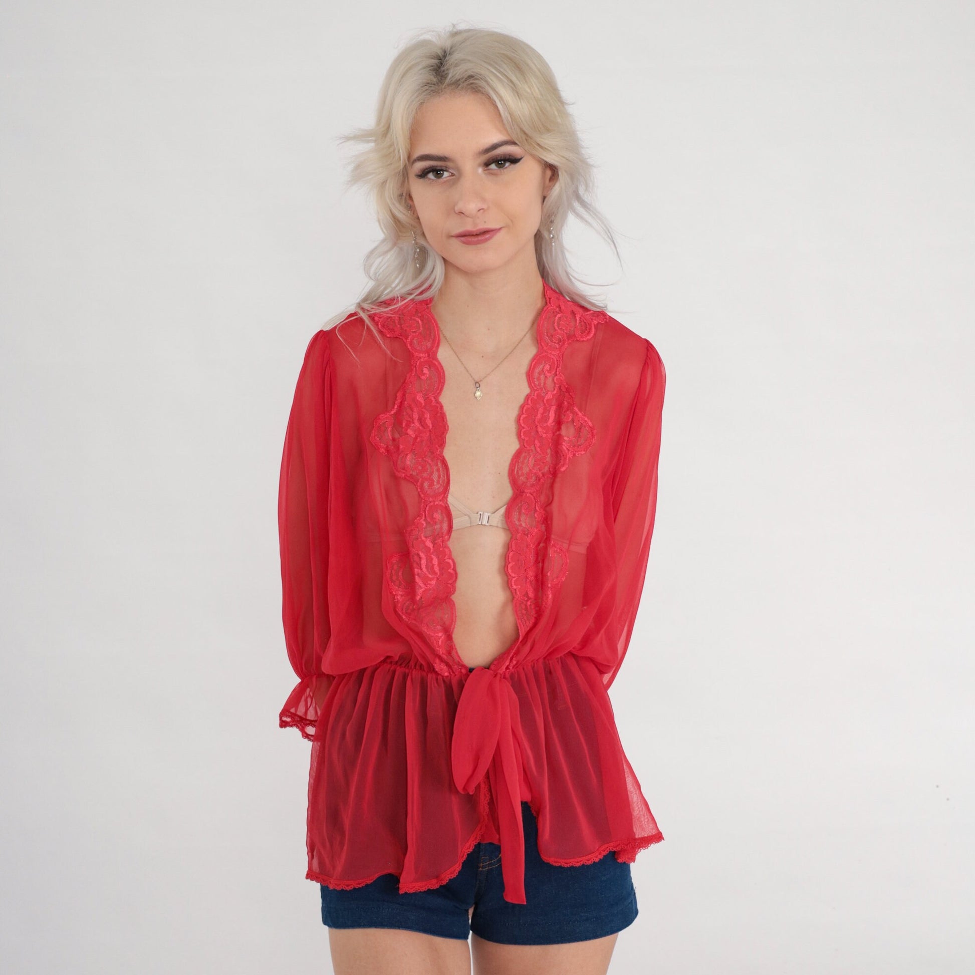 70s Red Sheer Bed Jacket Lace Trim Tie Front 3/4 Sleeve Small