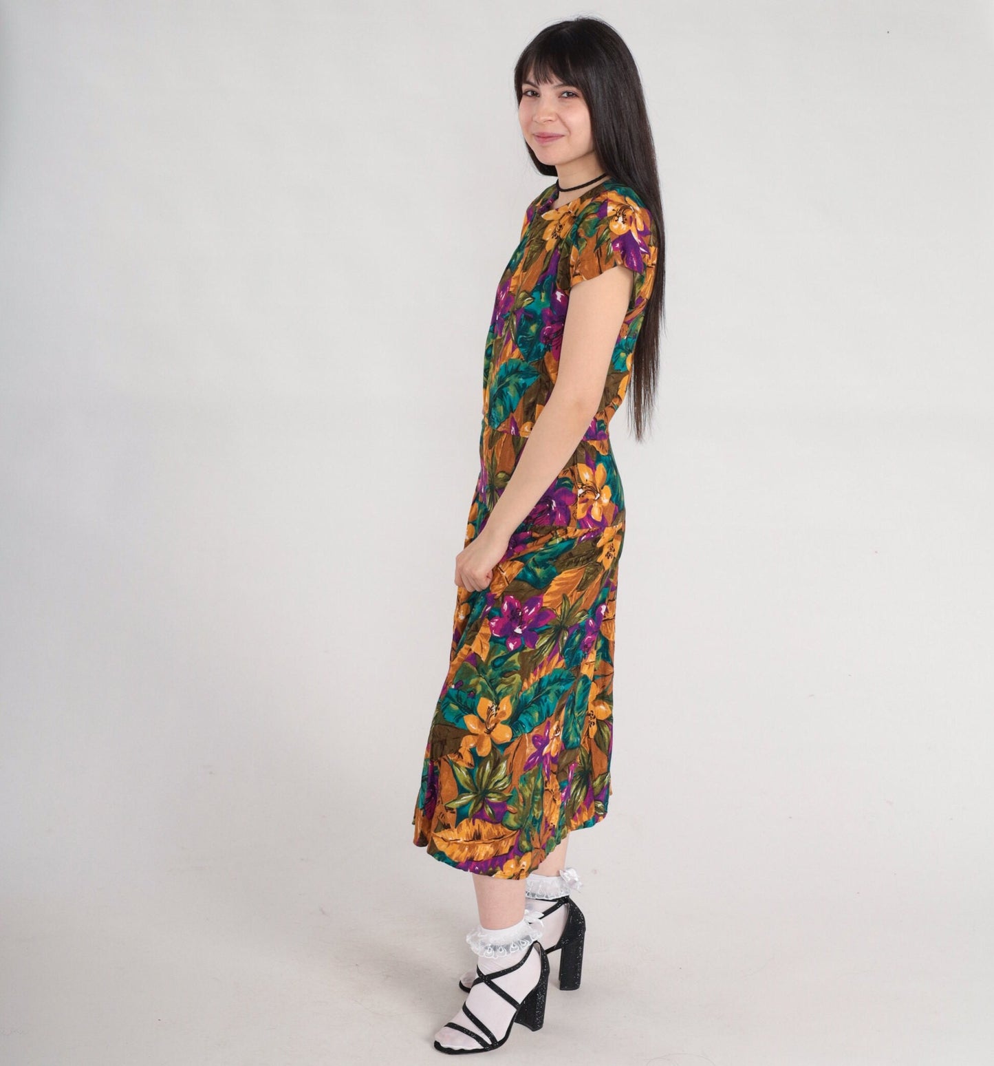 90s Tropical Floral Midi Dress Keyhole Back Short Sleeve Purple Green Yellow Medium 8