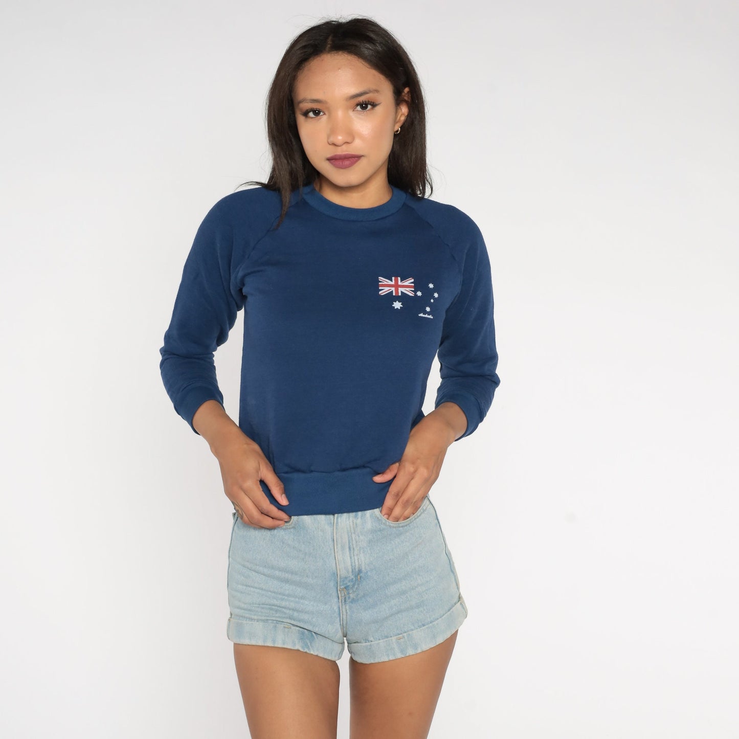 80s Australian Flag Sweatshirt Dark Blue Raglan Graphic Pullover Extra Small