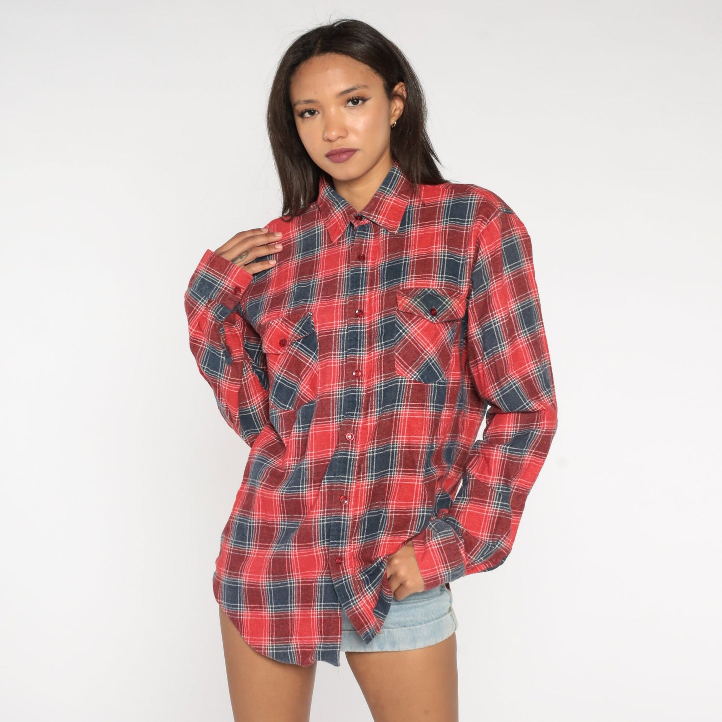 90s Red Blue Plaid Flannel Shirt Cotton Long Sleeve Button Up Large