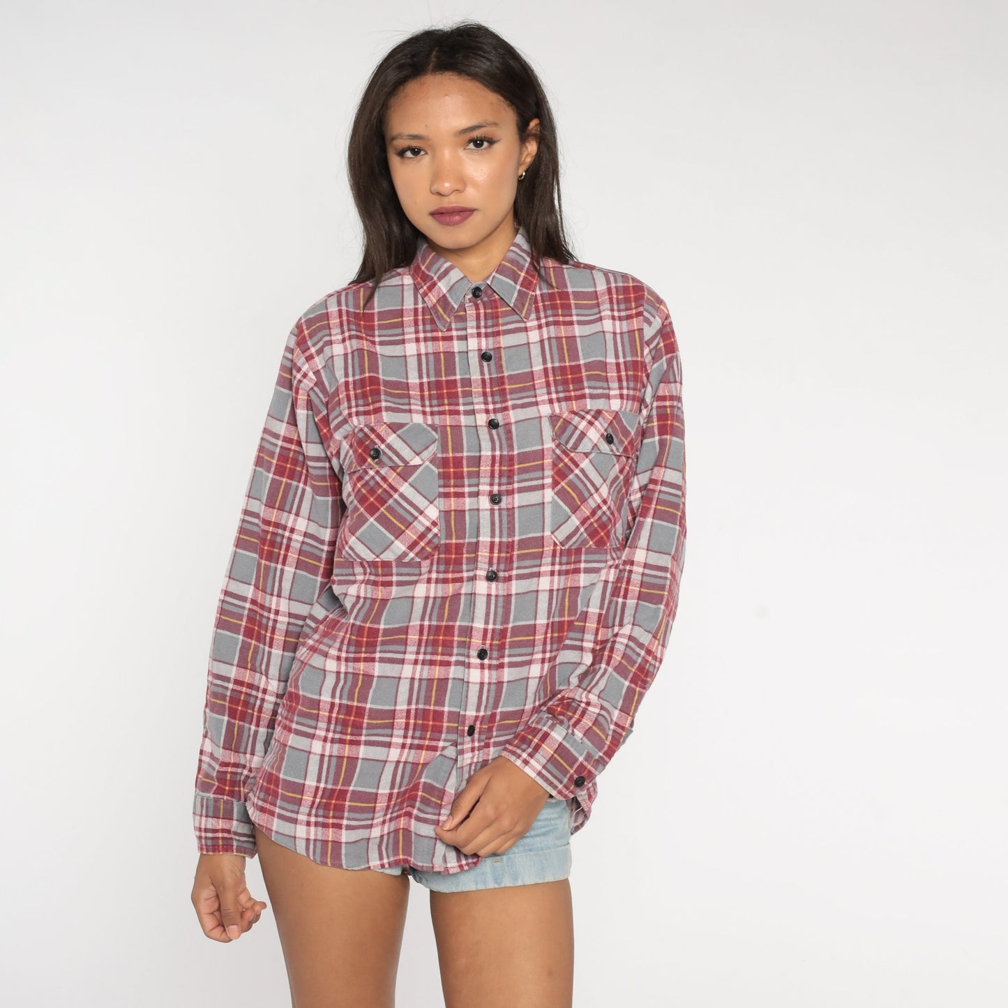 90s Red Grey Plaid Flannel Shirt Button Up Long Sleeve Medium
