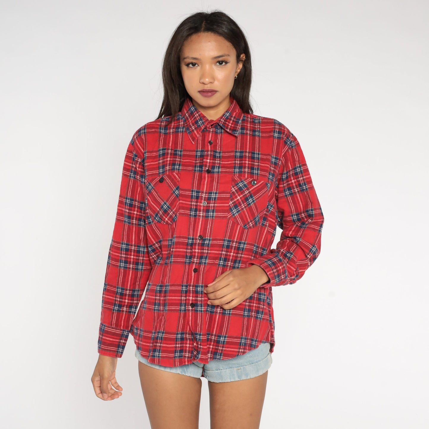 90s Red Navy Plaid Flannel Shirt Cotton Button Up Large