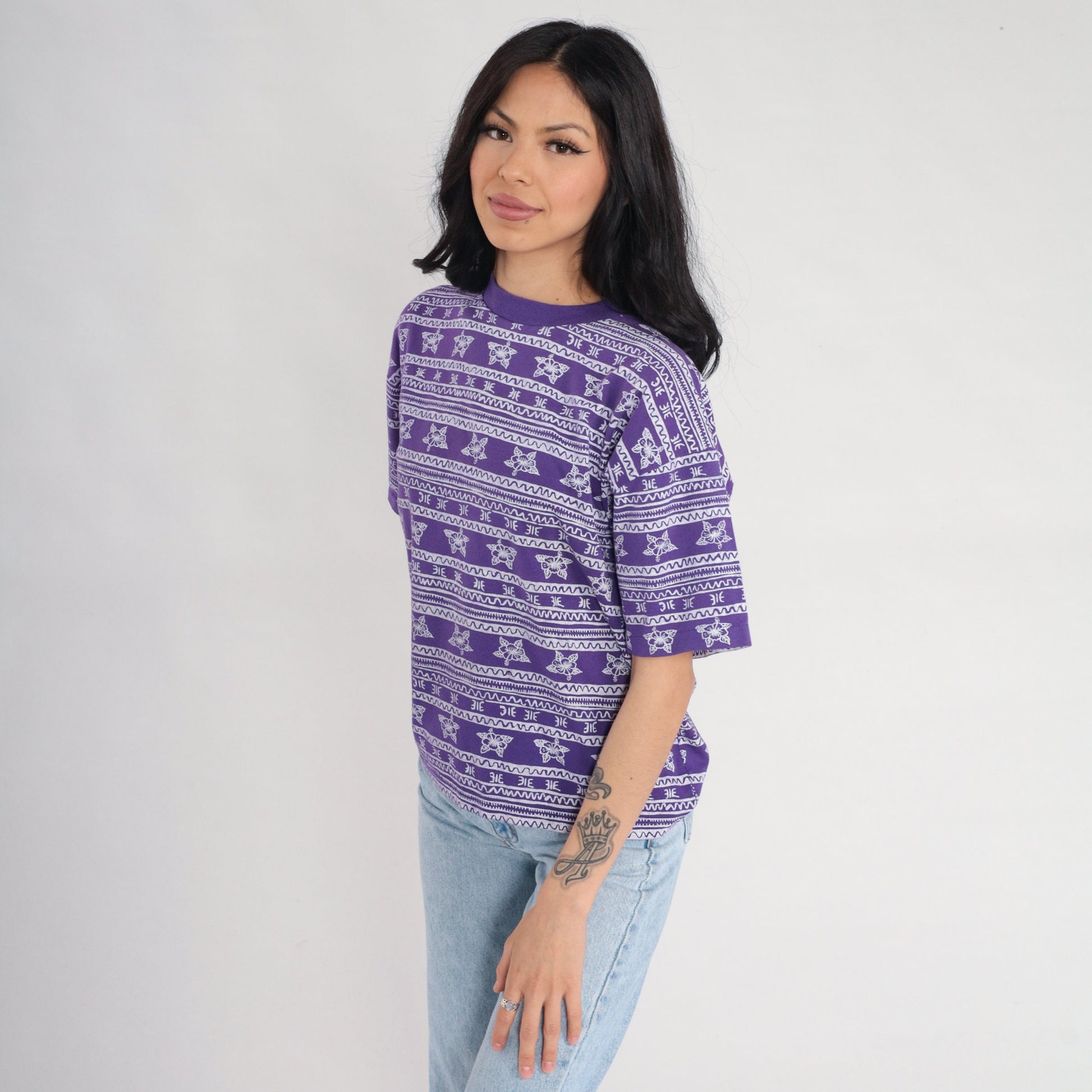 90s Pro Spirit Purple Striped Floral T-Shirt Geometric Print Petite Large