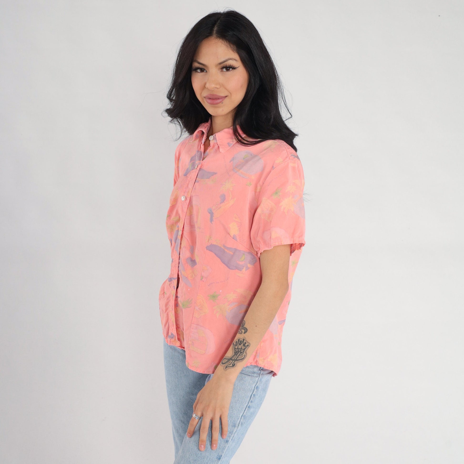 Y2K Fresh Produce Tropical Floral Pink Button-Up Shirt Short Sleeve Large L
