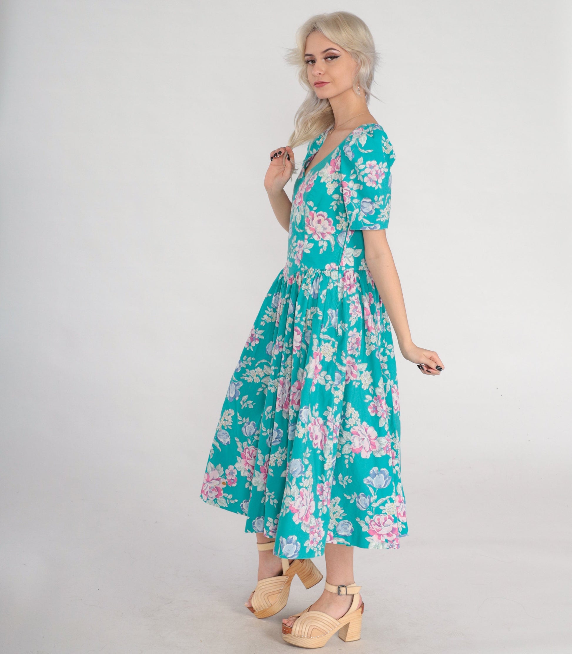 80s Laura Ashley Turquoise Floral Midi Dress Puff Sleeve Basque Waist Medium