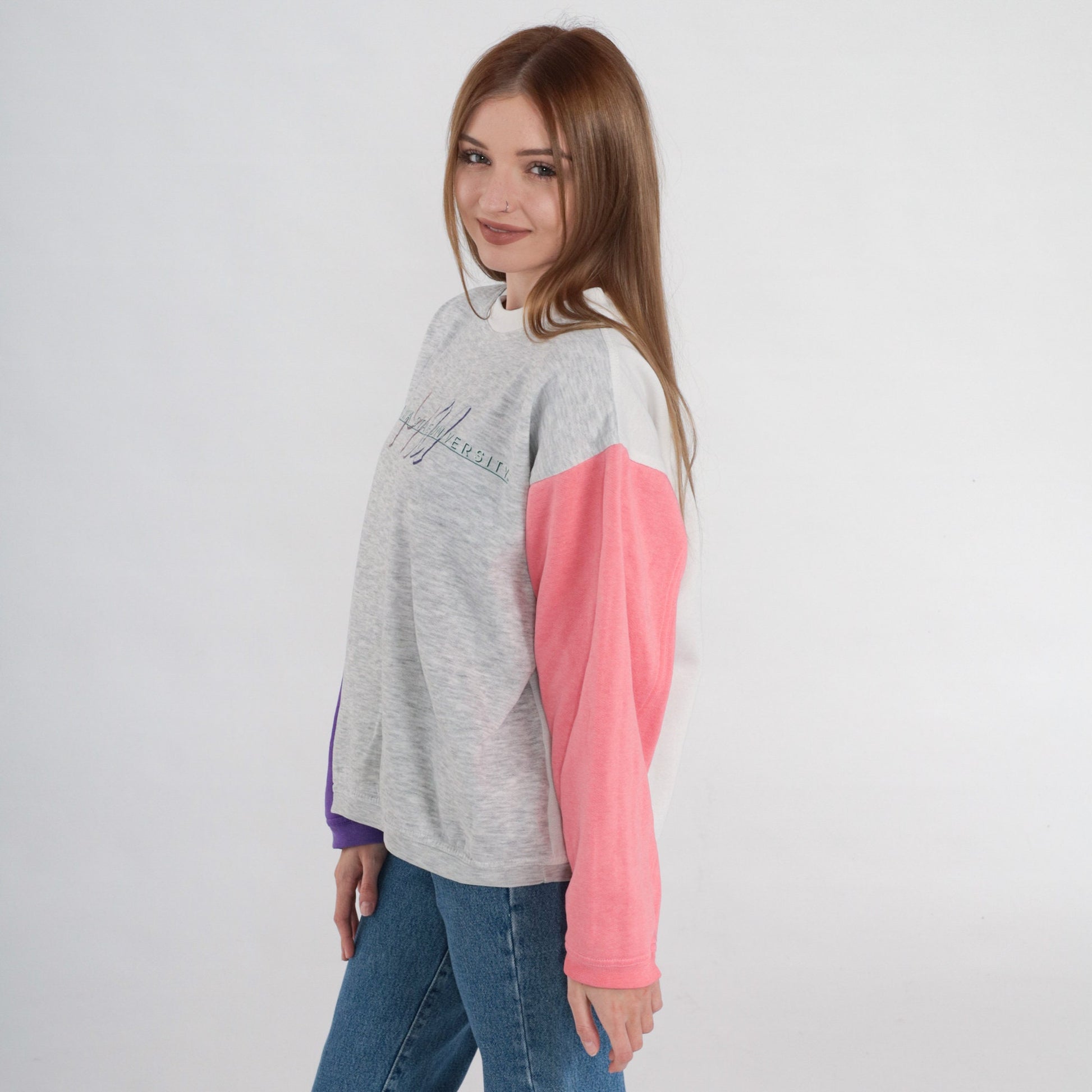 90s Montana State University Bobcats Colorblock Sweatshirt Grey Pink Purple Medium