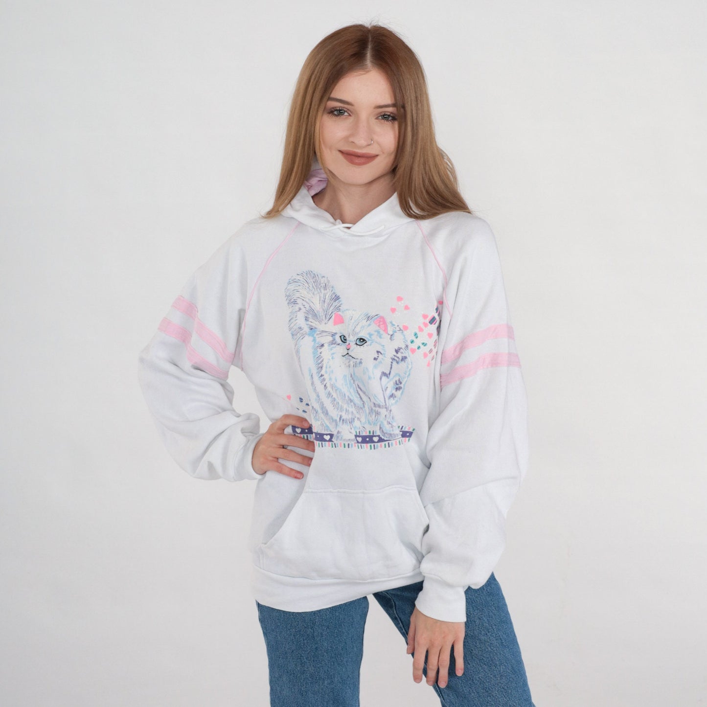 90s Kitten Graphic Hooded Sweatshirt White Pink Stripe Raglan Large L