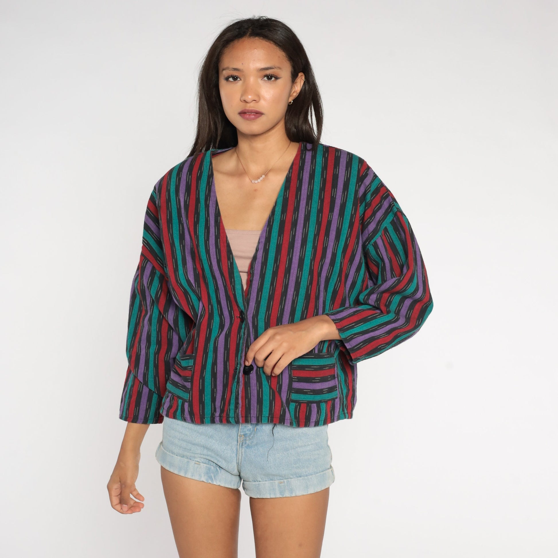 90s Striped Cotton Blazer Deep V-Neck Button Jacket Medium