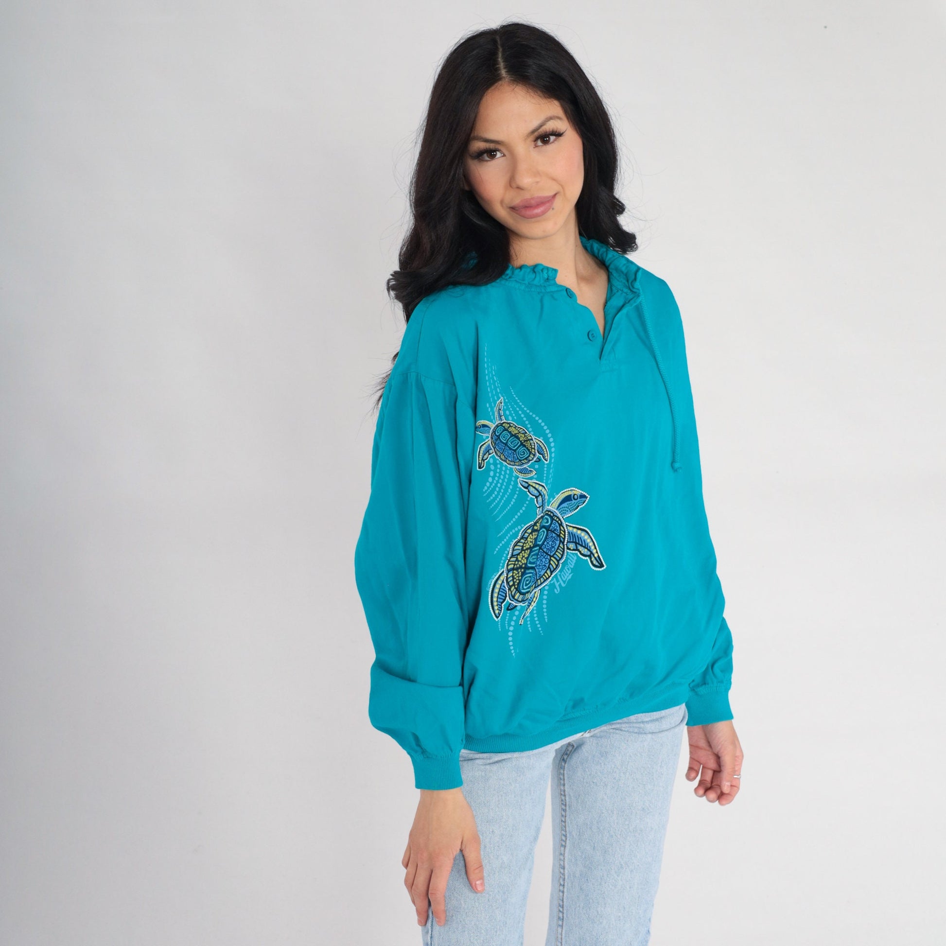 00s Crazy Shirts Turtle Print Long Sleeve Drawstring Neckline Turquoise Cotton Small S