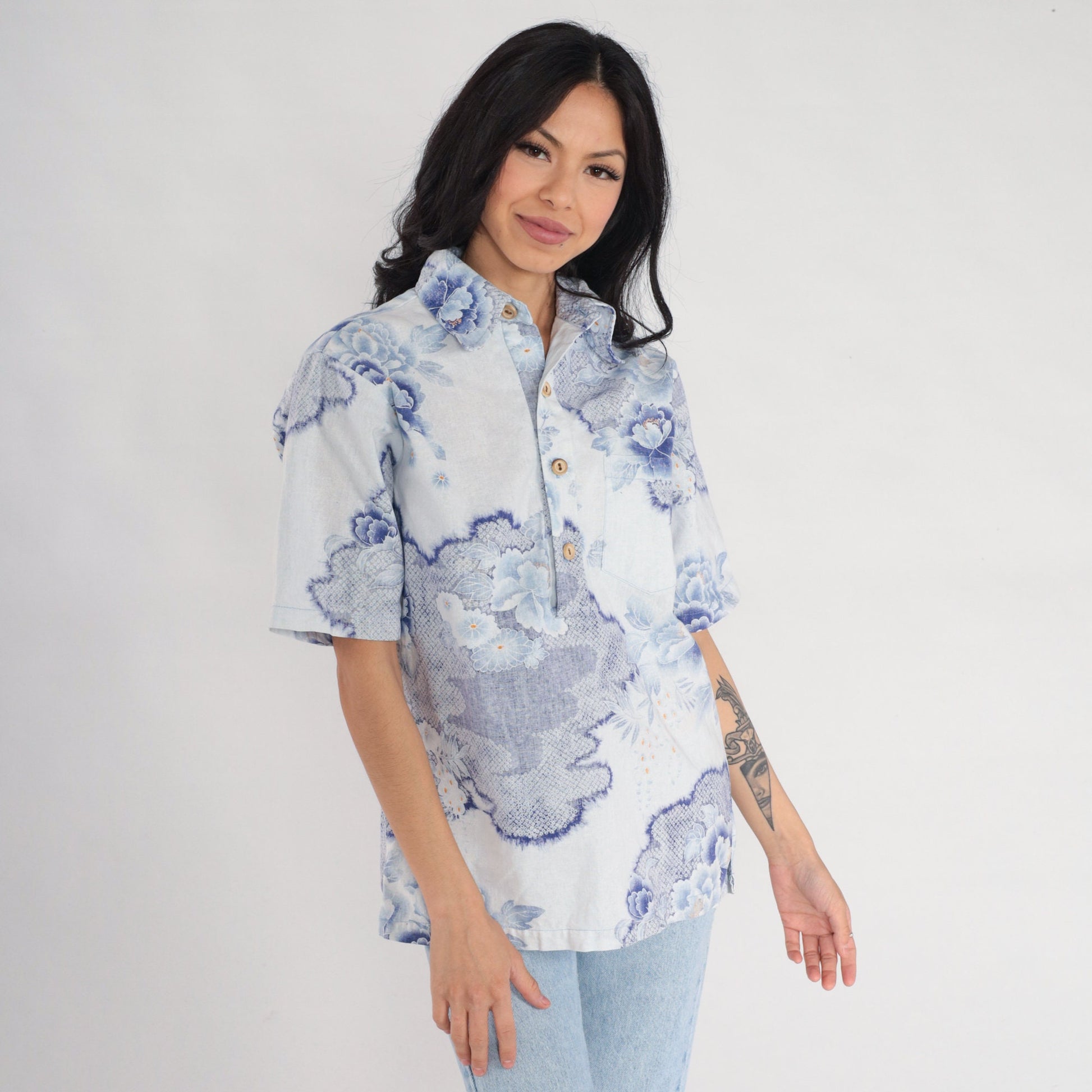 70s Surfline Hawaii Floral Shirt Men's Blue Lotus Print Polo Medium