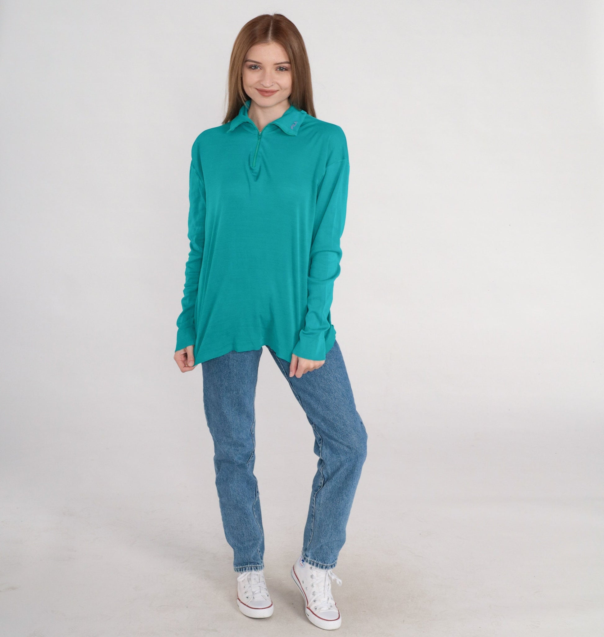 Y2K Fila Teal Knit Polo Quarter Zip Long Sleeve Collared Sweater Extra Large XL