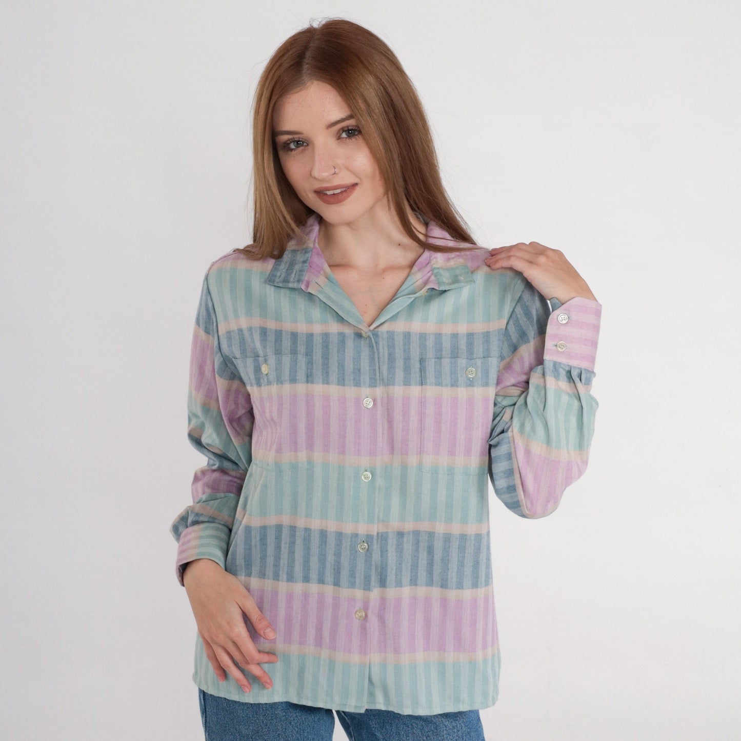 90s Striped Button-Up Blouse Multicolor Long Sleeve Collared Shirt Small