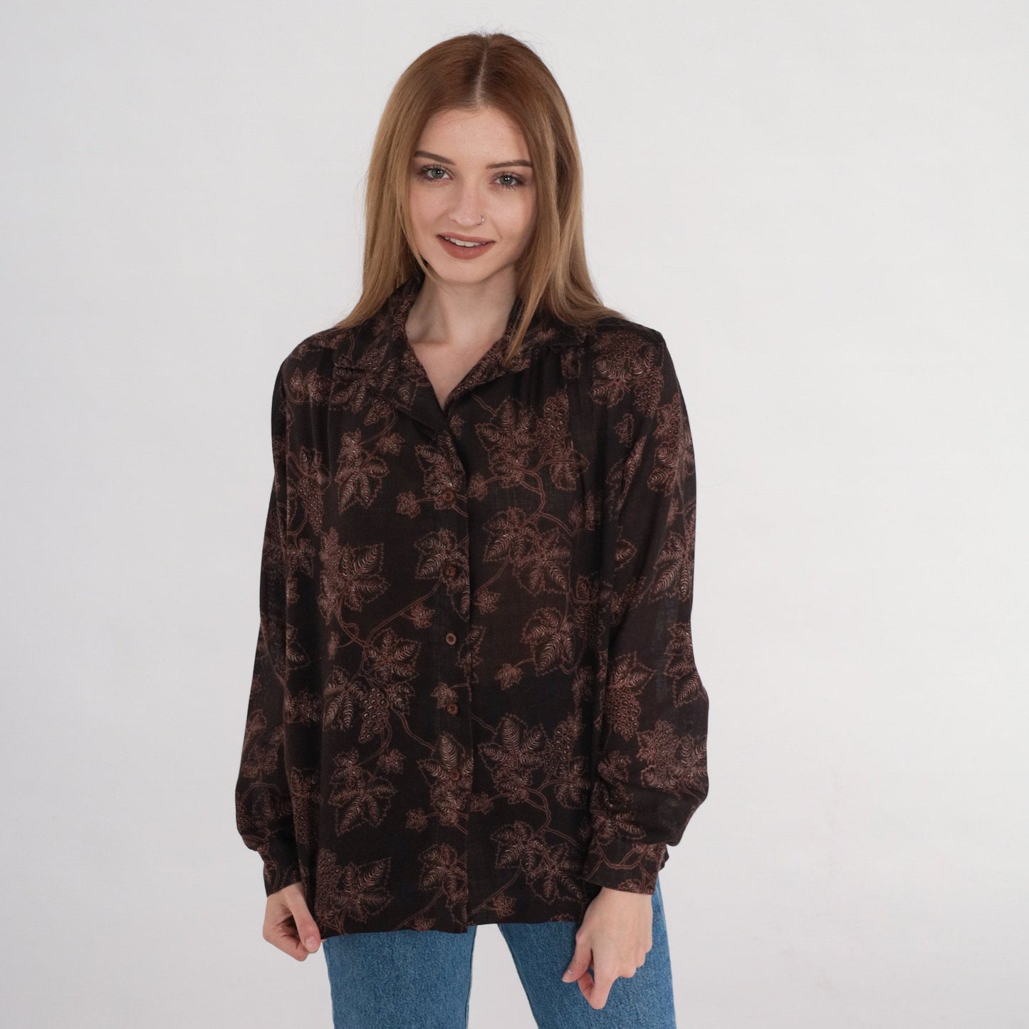 80s Grapevine Blouse Brown Button Up Shirt Grape Leaf Print Medium M