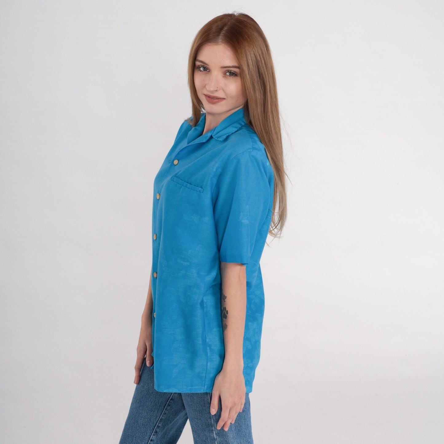 90s Blue Floral Button-Up Blouse Short Sleeve Collared Shirt Medium M