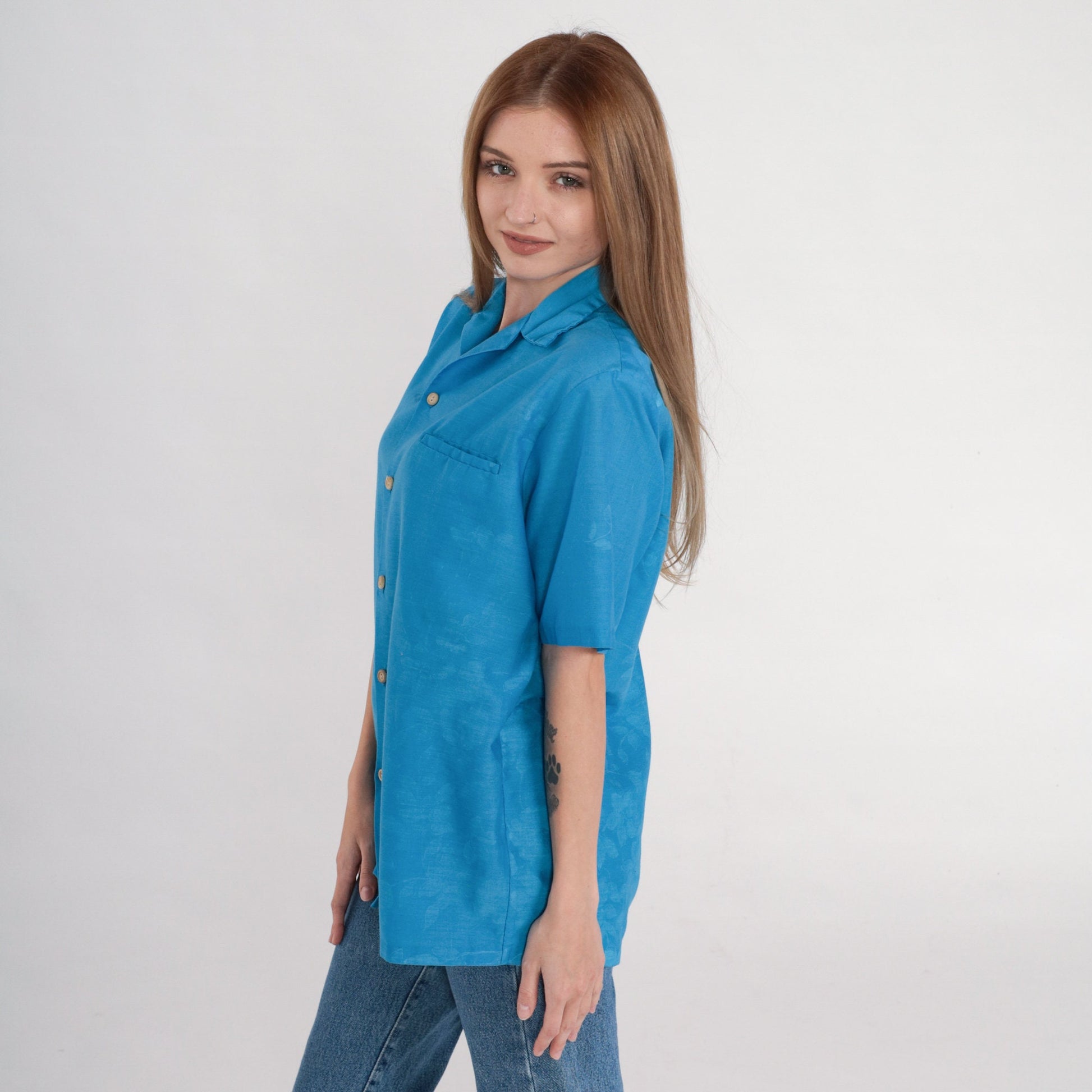 90s Blue Floral Button-Up Blouse Short Sleeve Collared Shirt Medium M