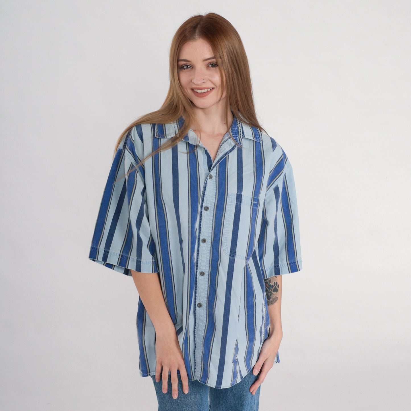90s Sostanza Striped Cotton Button-Up Shirt Blue Collared Short Sleeve Large