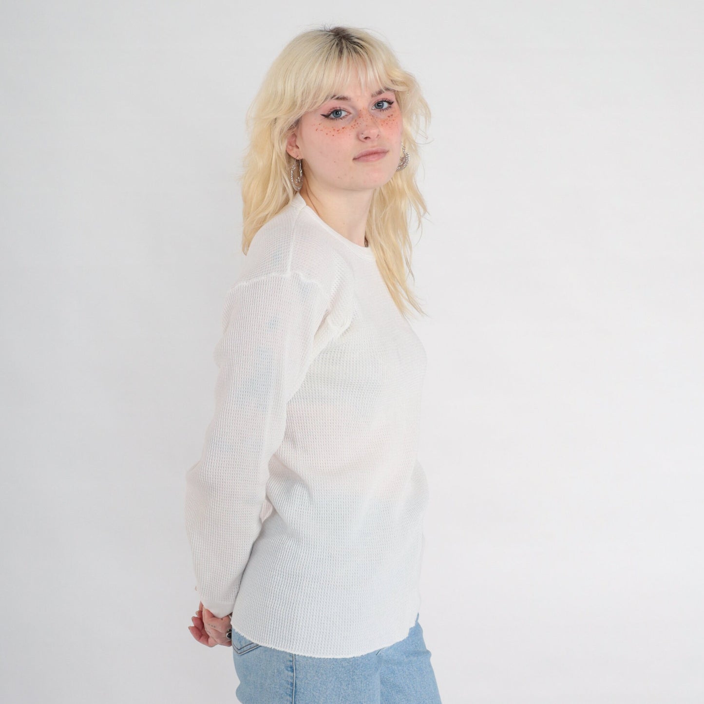 80s White Waffle Knit Thermal Long Sleeve Shirt Small Medium