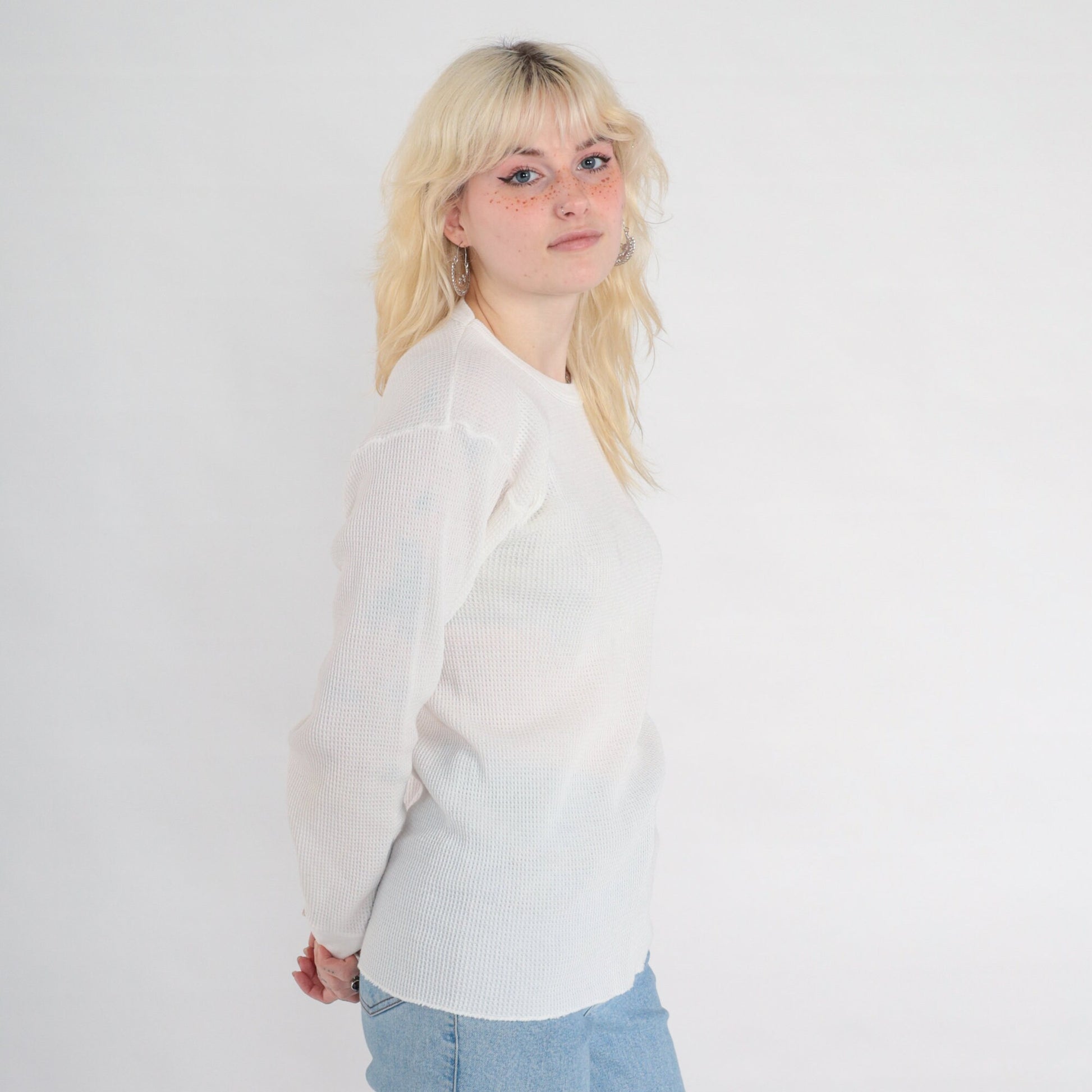 80s White Waffle Knit Thermal Long Sleeve Shirt Small Medium