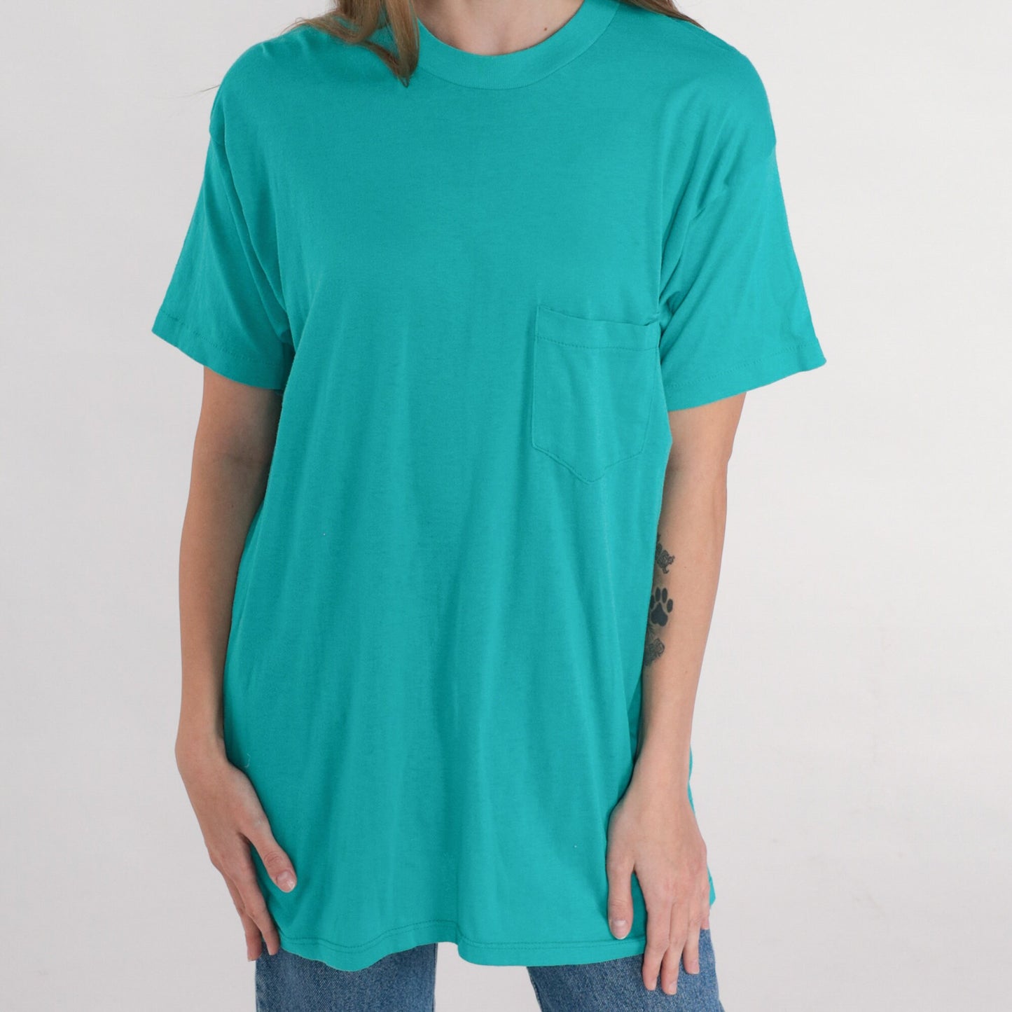 90s Teal Pocket T-Shirt Plain Cotton Crewneck Medium