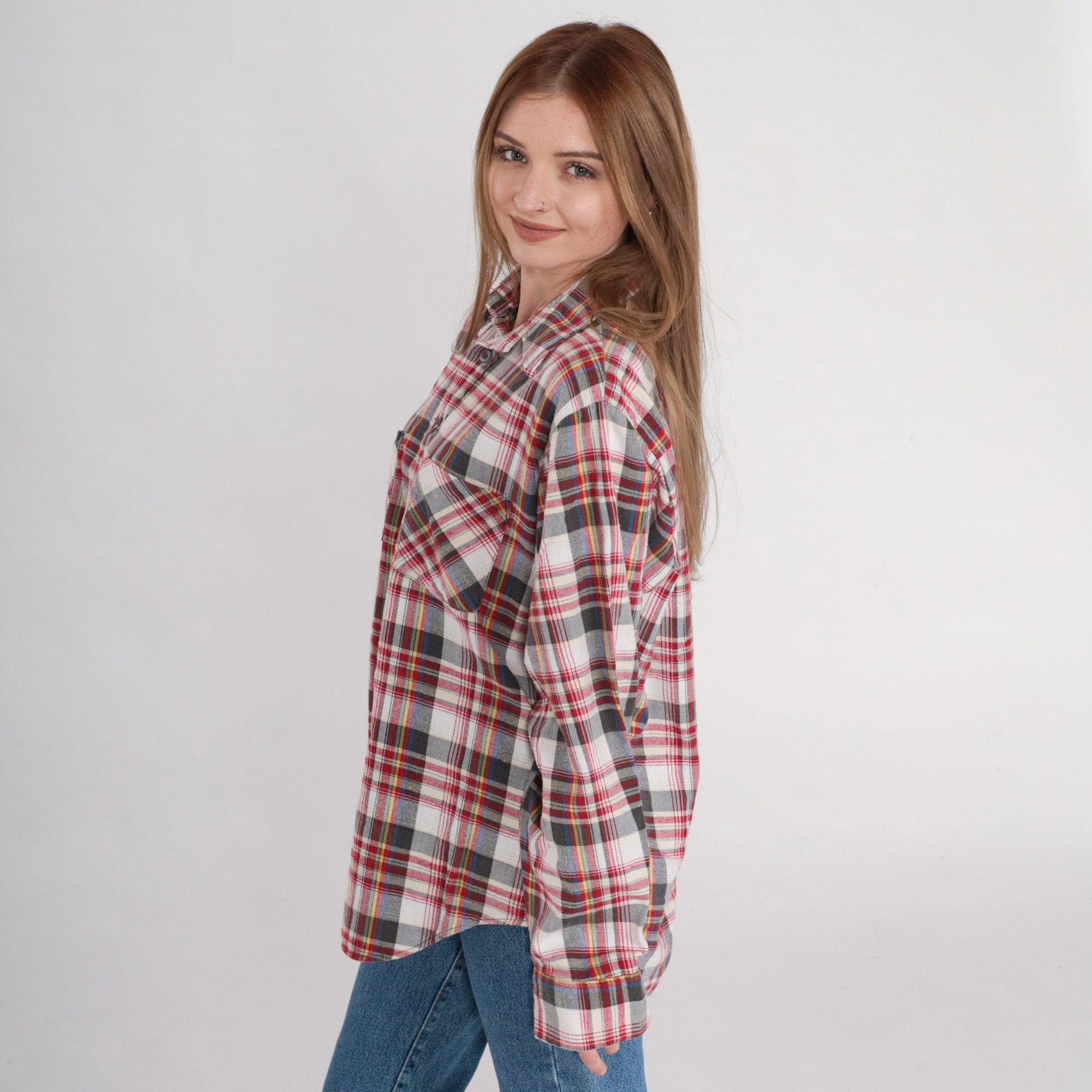 80s Sears Plaid Button-Up Shirt Long Sleeve Cotton Flannel Men's Large