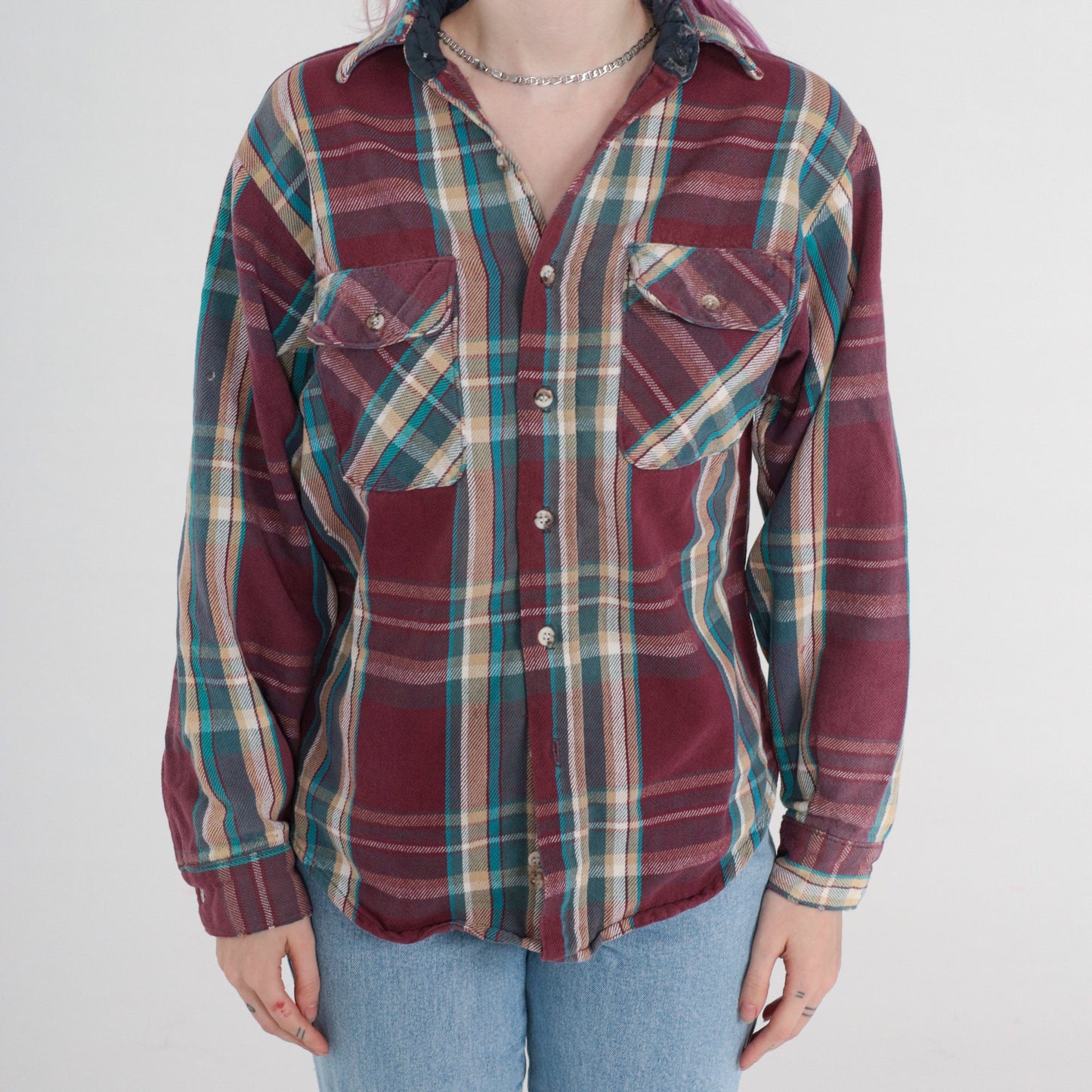 90s Burgundy Plaid Button-Up Shirt Long Sleeve Checkered Medium