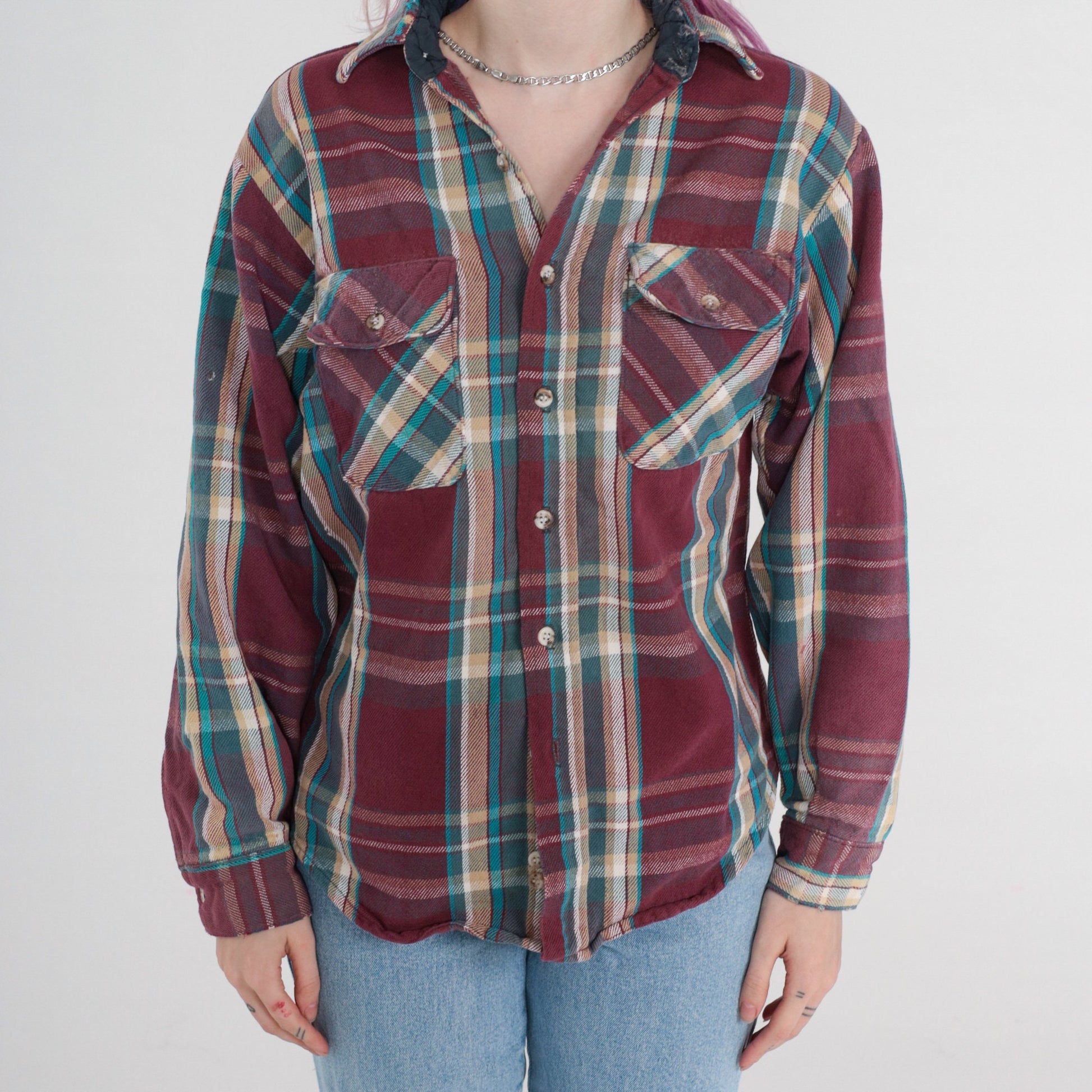 90s Burgundy Plaid Button-Up Shirt Long Sleeve Checkered Medium