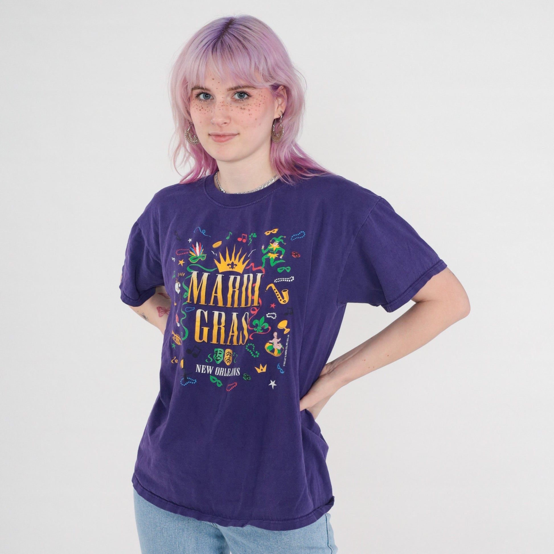 90s New Orleans Mardi Gras Masquerade Graphic T-Shirt Purple Jerzees Large
