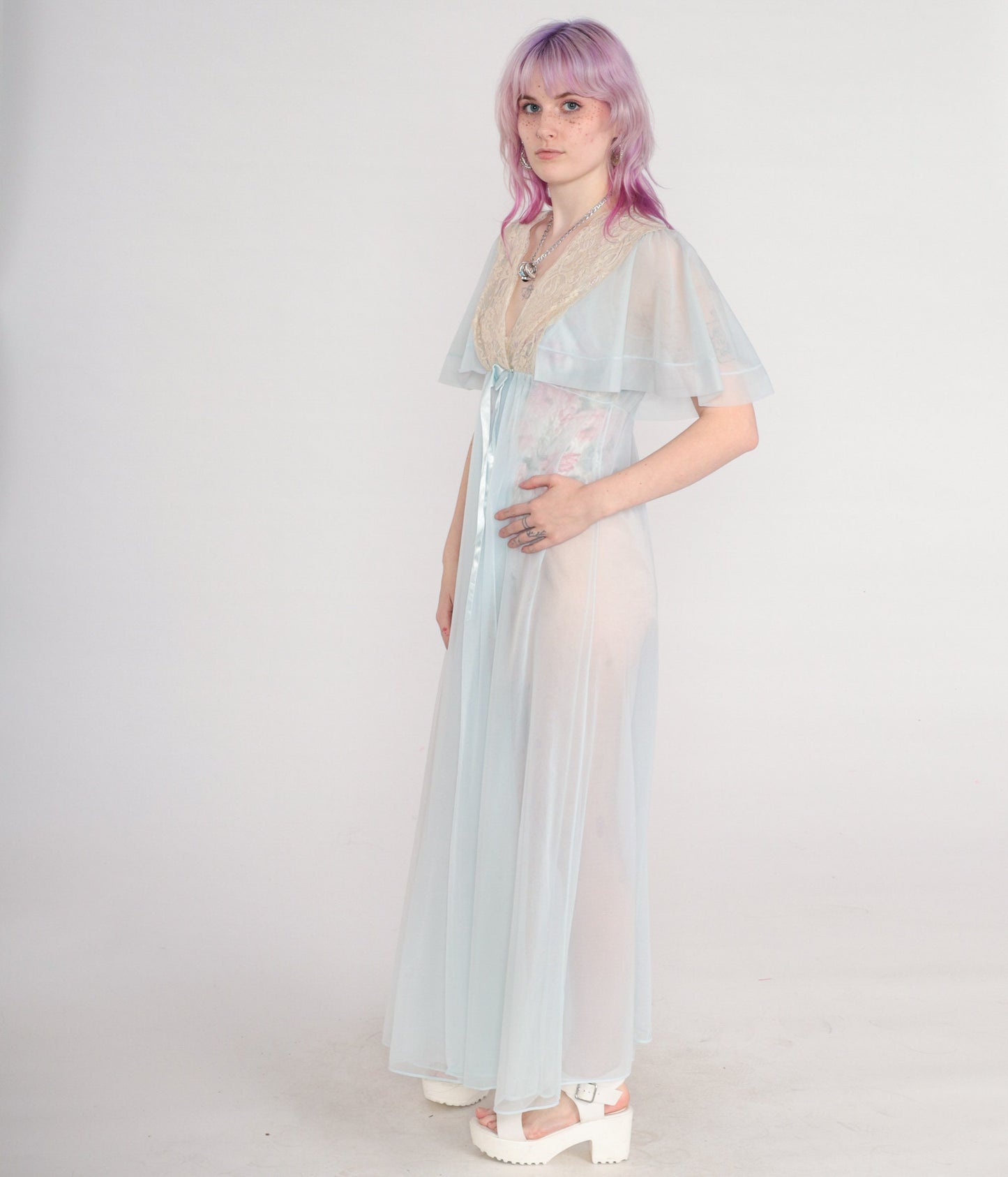 70s Sheer Baby Blue Nylon Lingerie Robe Maxi Lace Trim Empire Waist Small