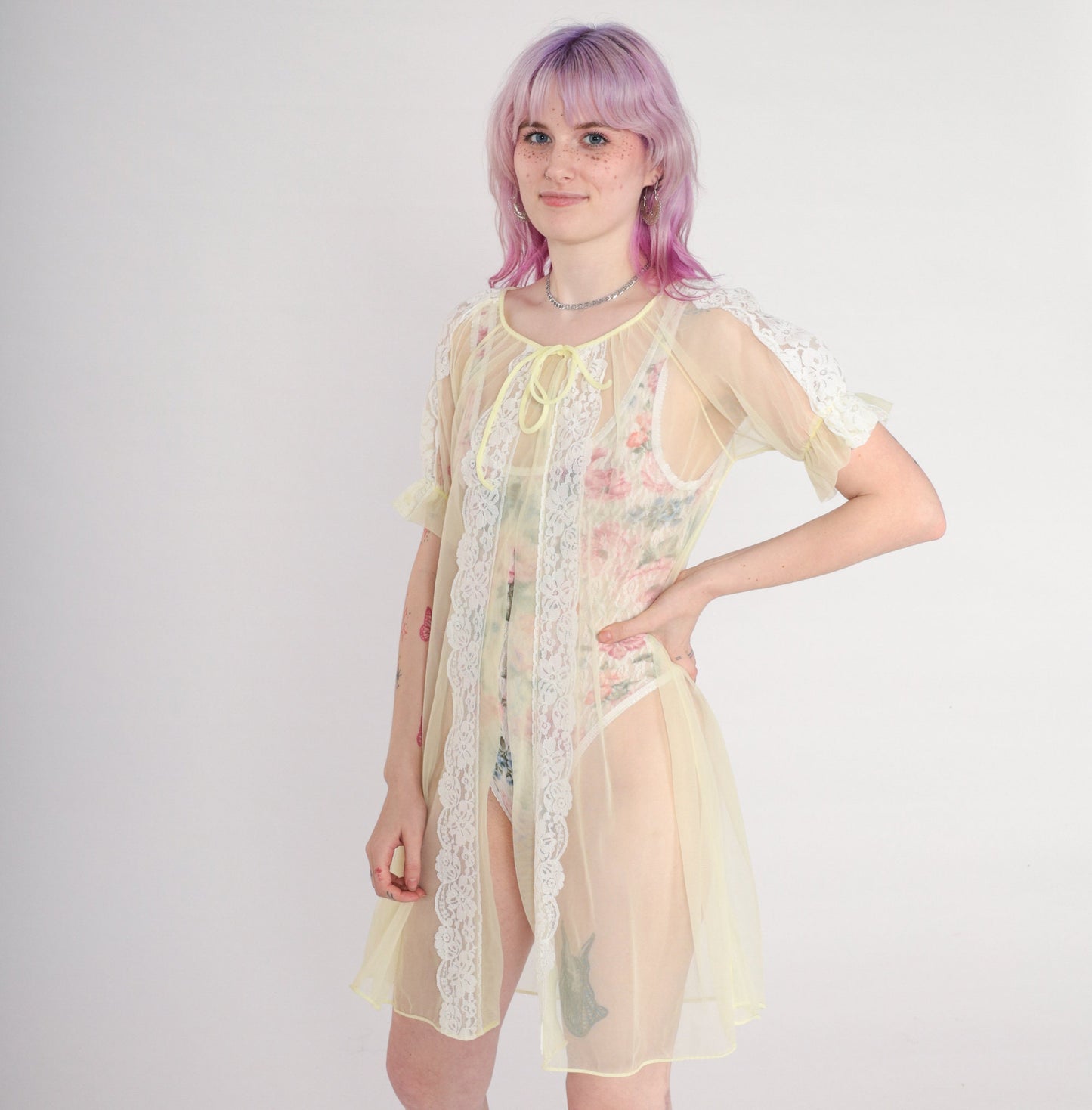 70s Yellow Sheer Nylon Lace Lingerie Robe Kimono Small