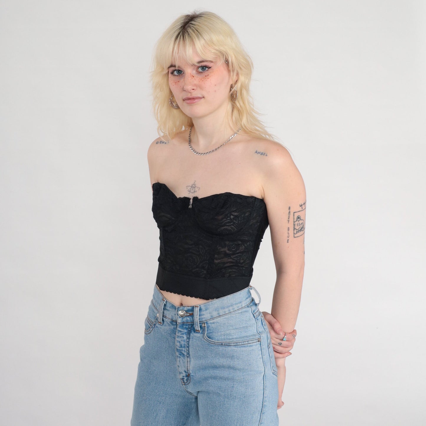 90s Black Lace Strapless Bustier Bra Underwire Sweetheart Neckline 34D