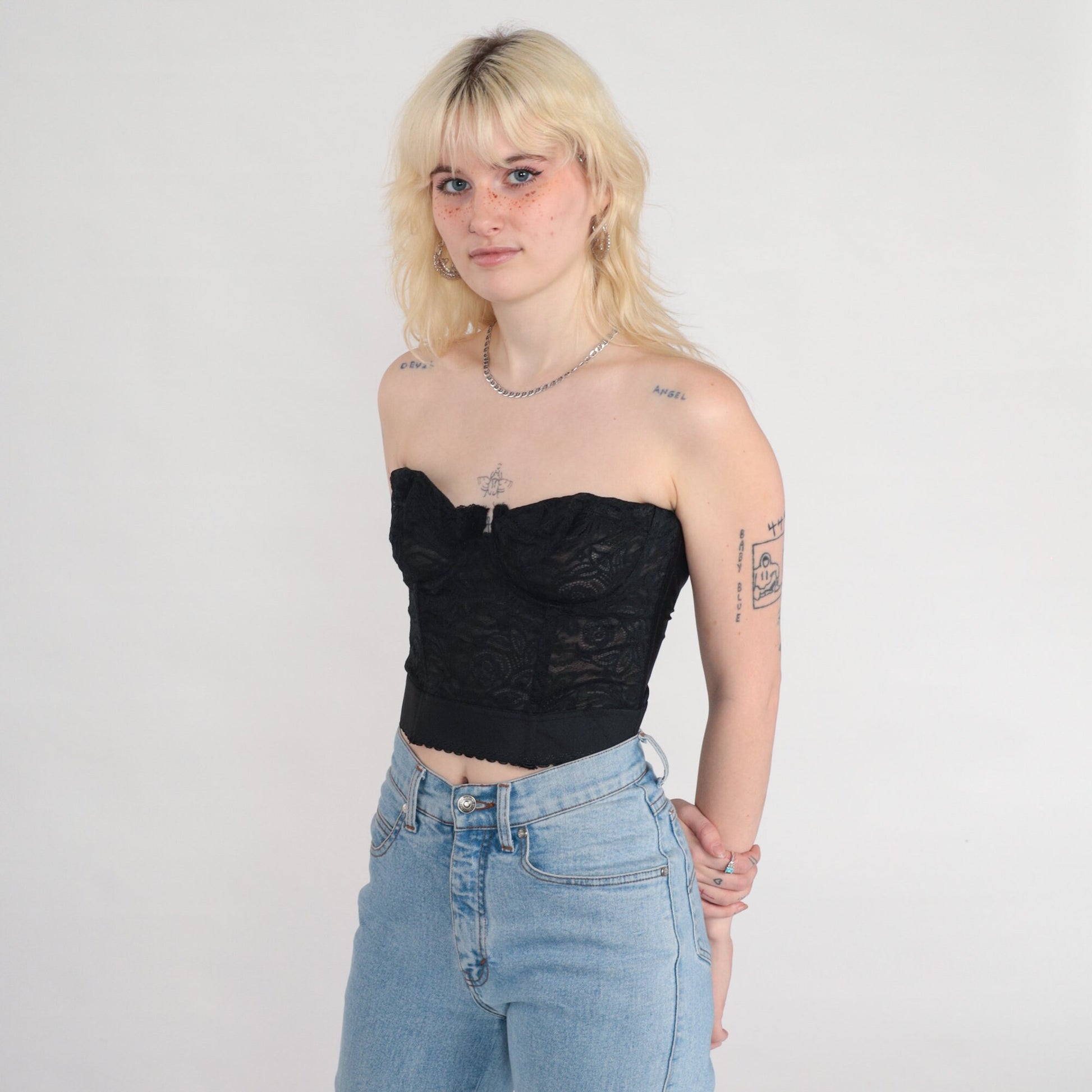 90s Black Lace Strapless Bustier Bra Underwire Sweetheart Neckline 34D