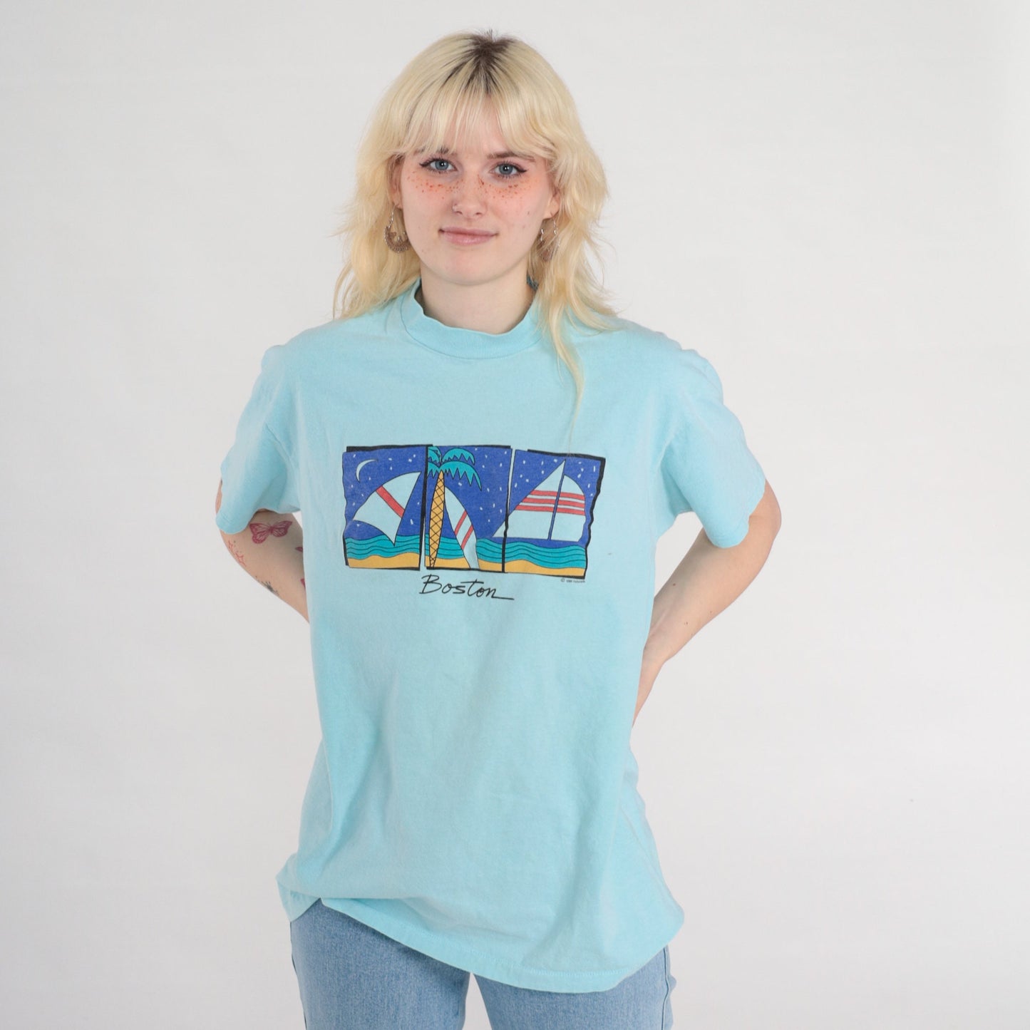 80s Boston Sailboat Graphic T-Shirt Single Stitch Aqua Blue Medium Large