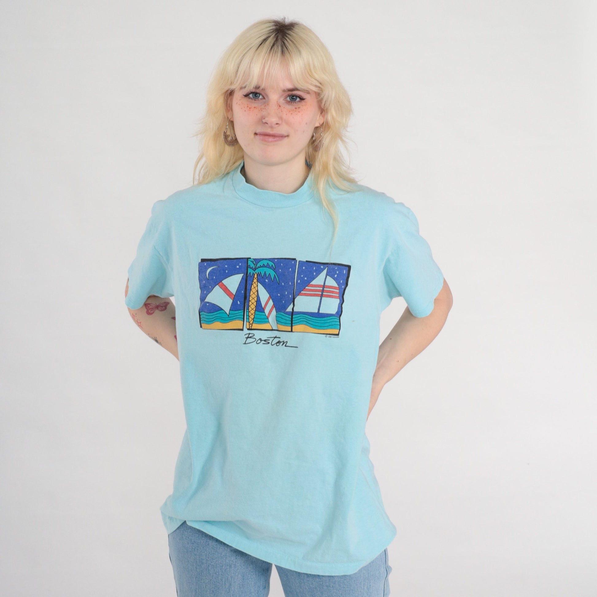 80s Boston Sailboat Graphic T-Shirt Single Stitch Aqua Blue Medium Large