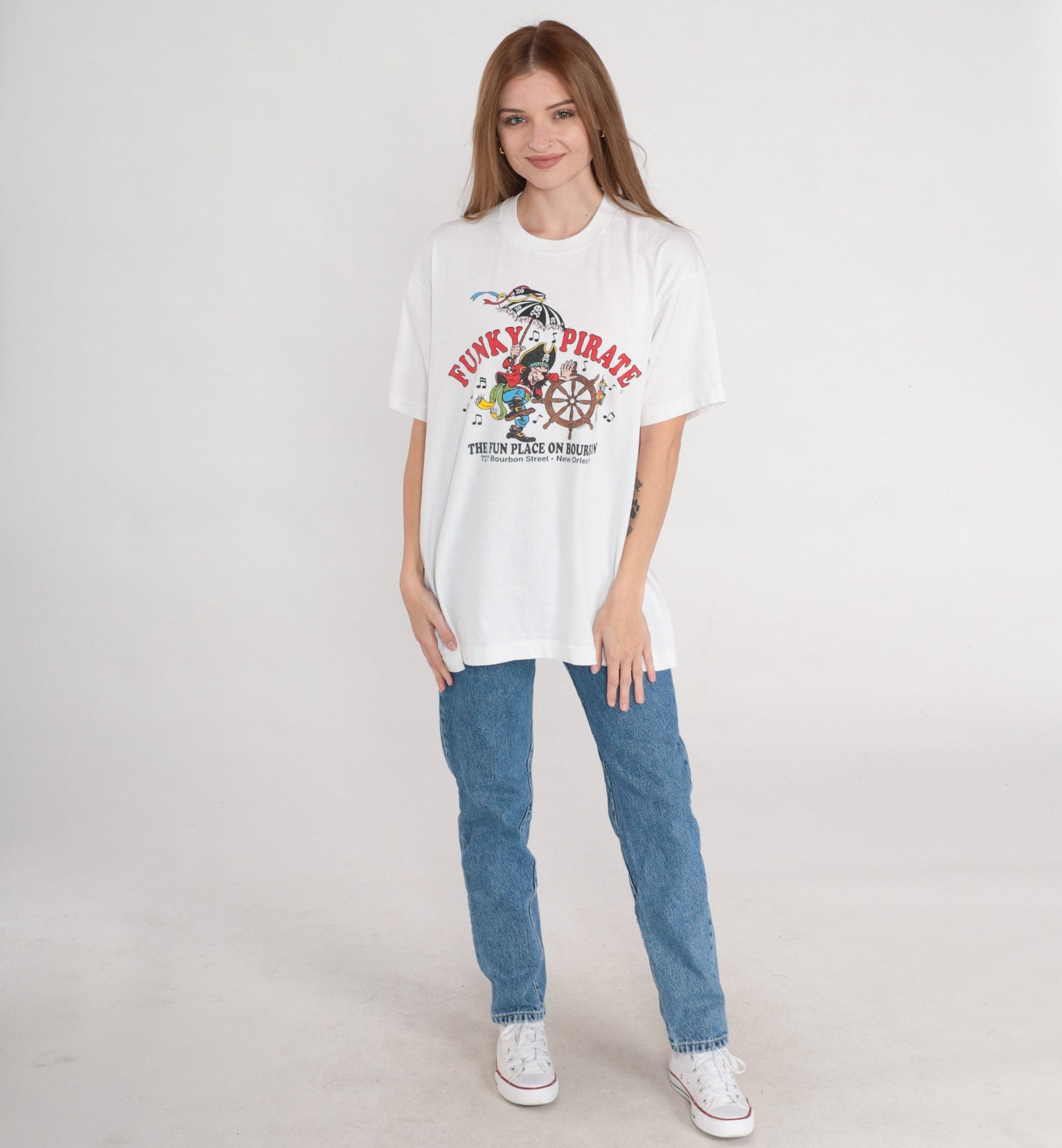 90s The Funky Pirate New Orleans Dive Bar Graphic T-Shirt White XL